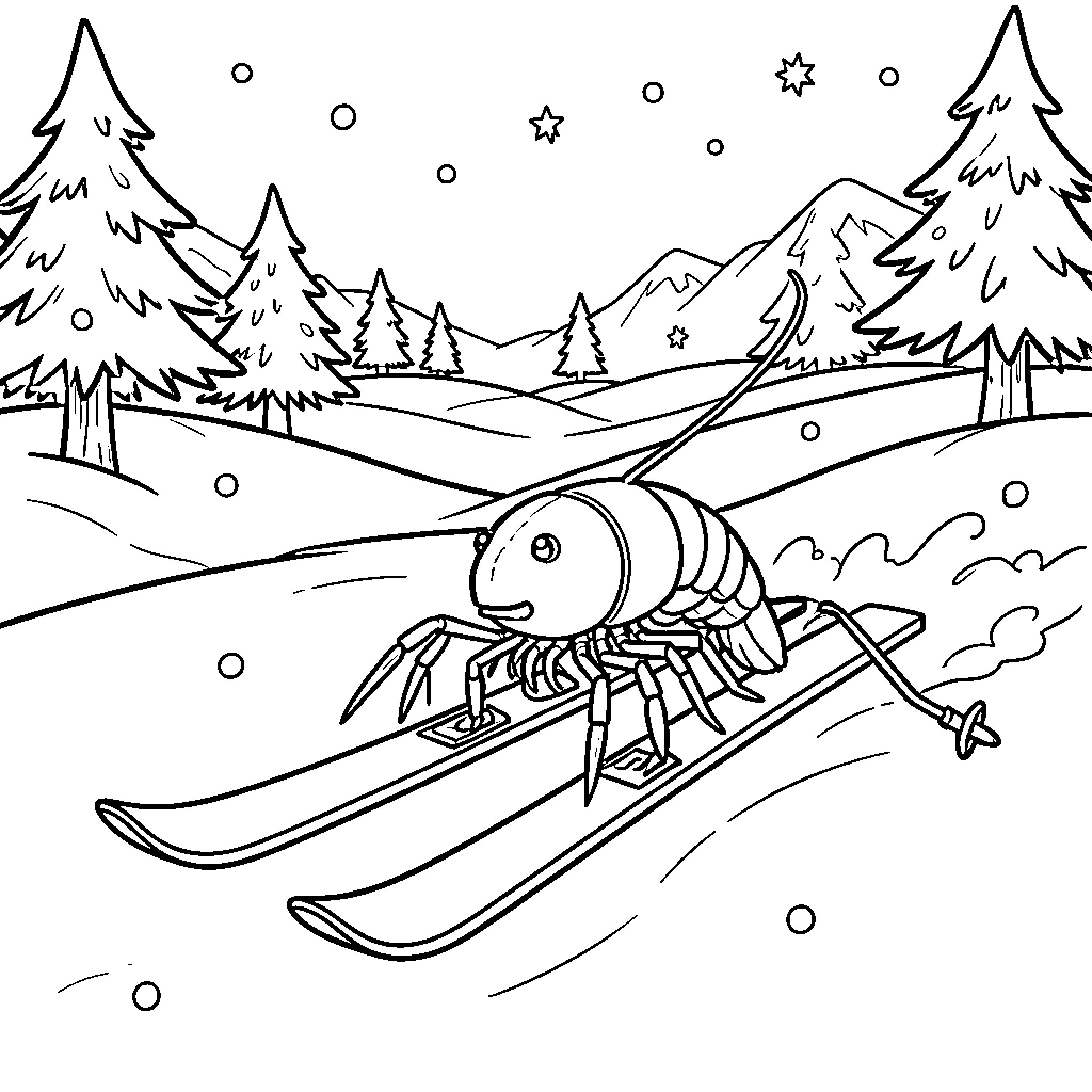 Shrimp skiing down a snowy mountain slope Coloring Page (free black-and-white line drawing printable PDF for all, from beginners to advanced learners, including children, teens, adults, and seniors)