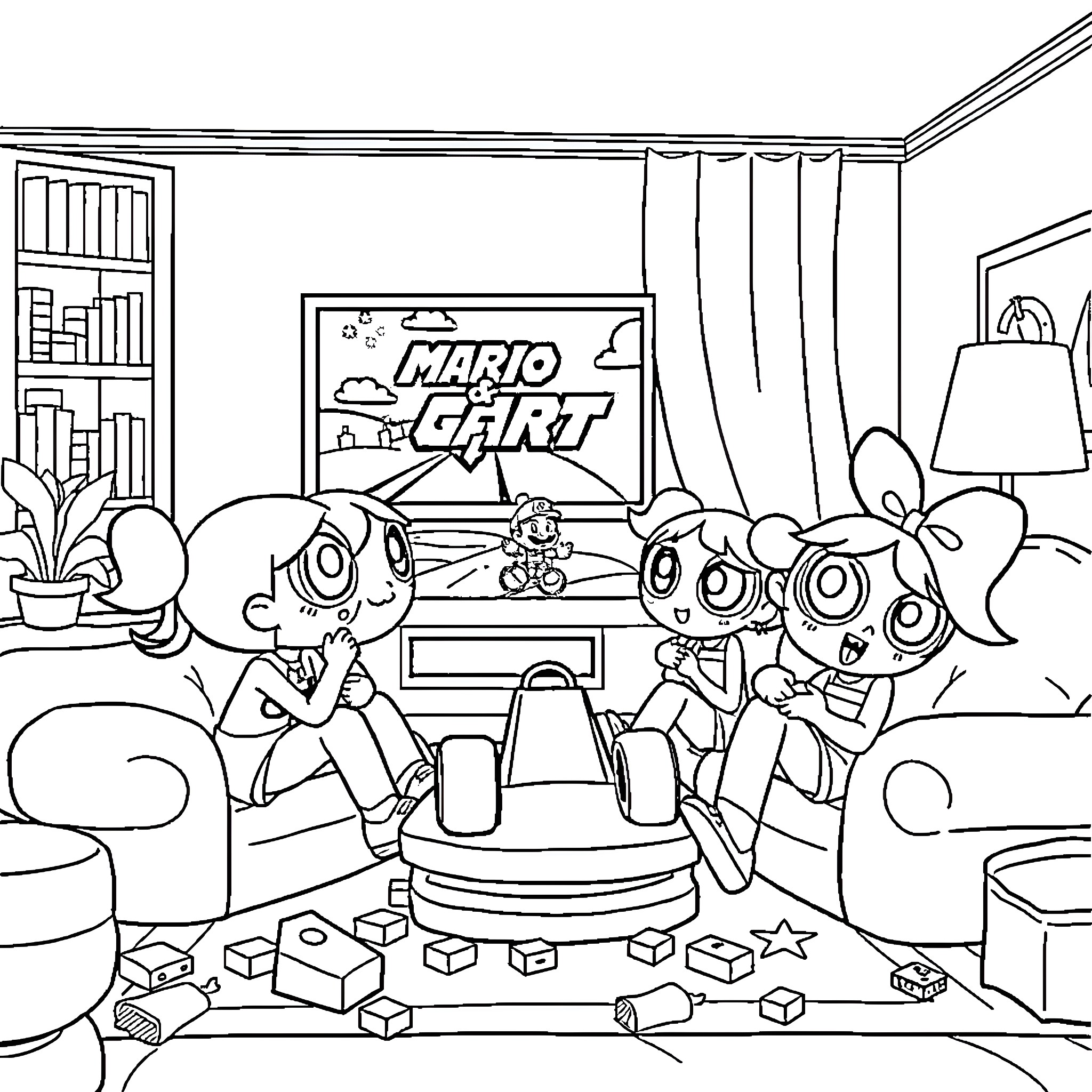Powerpuff Girls playing video games together Coloring Page (free black-and-white line drawing printable PDF for all, from beginners to advanced learners, including children, teens, adults, and seniors)