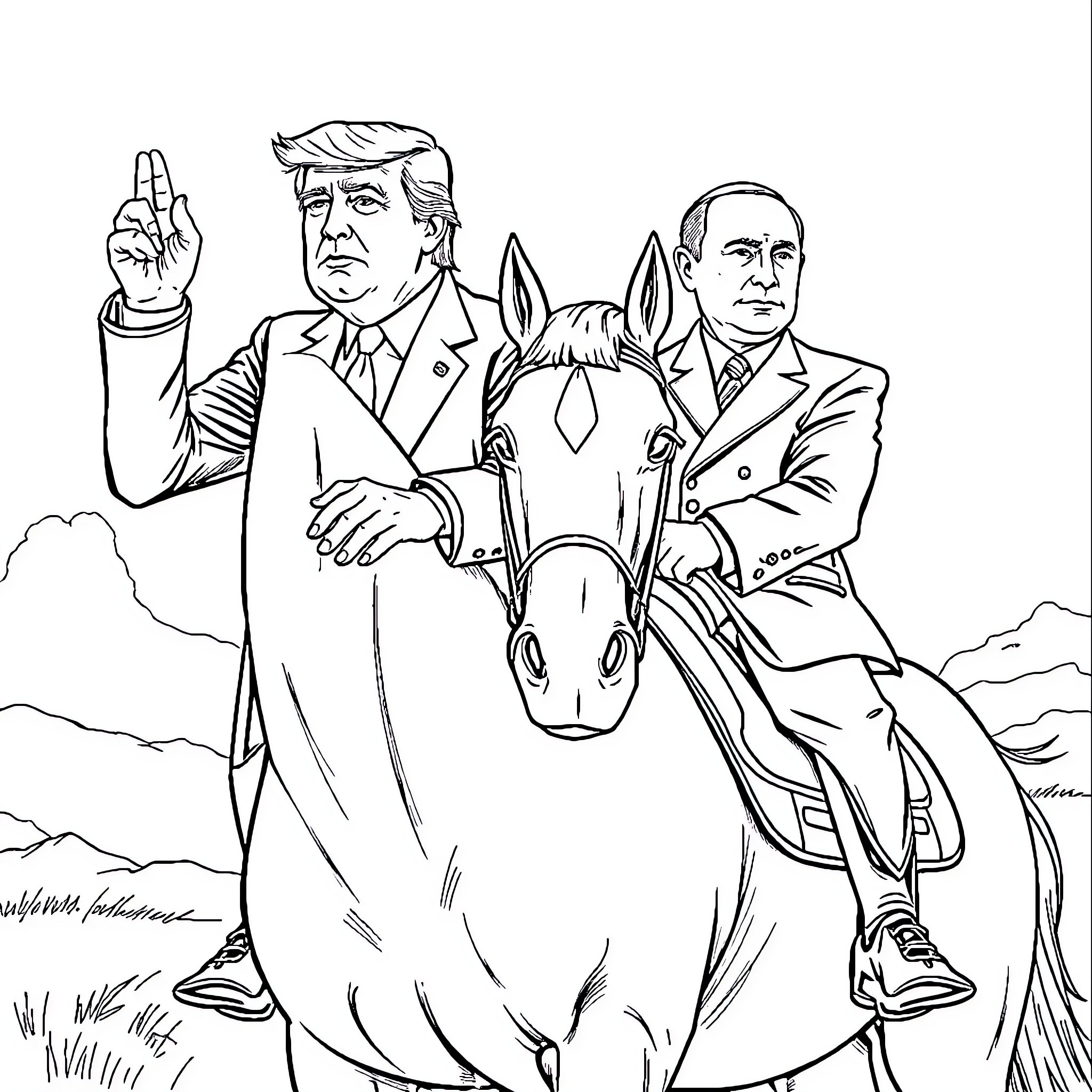 Donald Trump and Vladimir Putin on horseback in the countryside Coloring Page (free black-and-white line drawing printable PDF for all, from beginners to advanced learners, including children, teens, adults, and seniors)