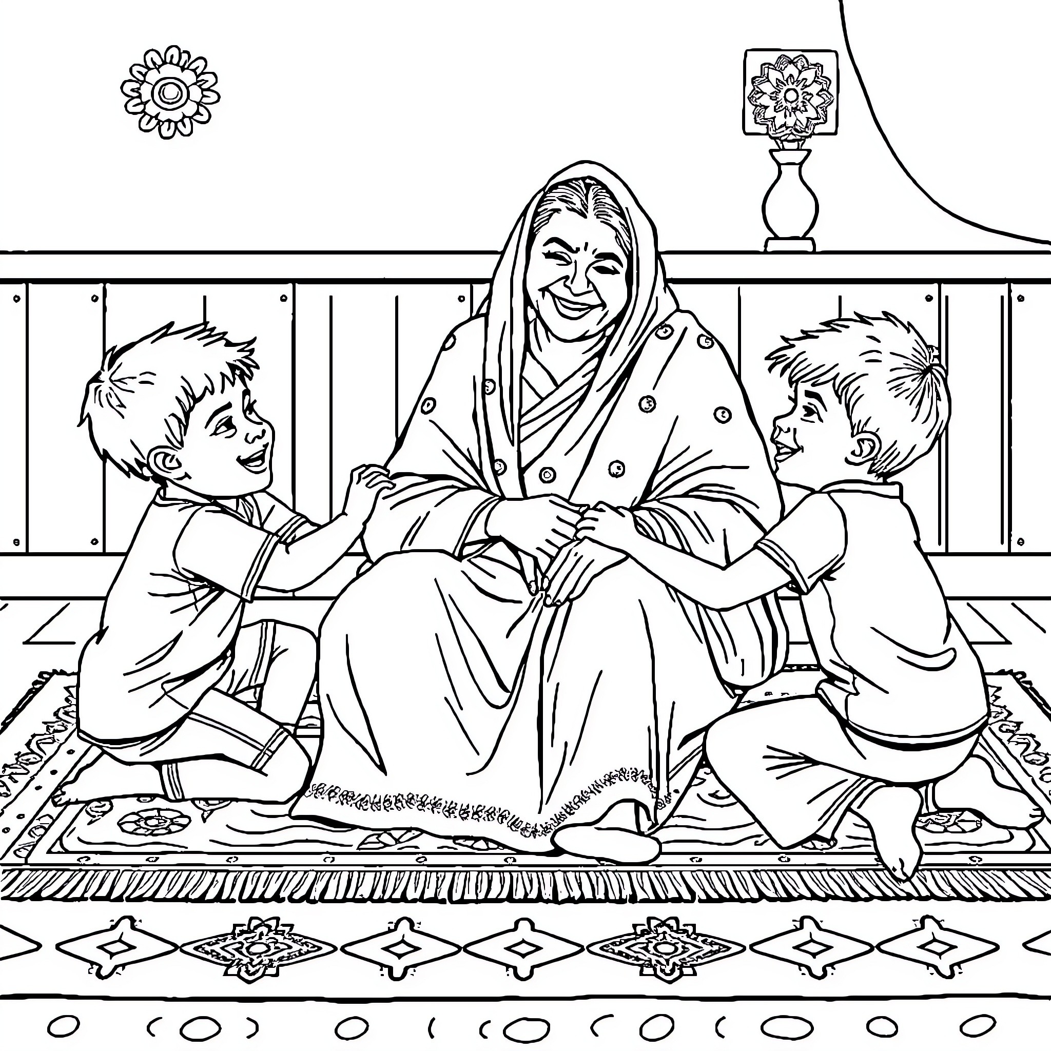 Grandma surrounded by loving grandchildren Coloring Page (free black-and-white line drawing printable PDF for all, from beginners to advanced learners, including children, teens, adults, and seniors)