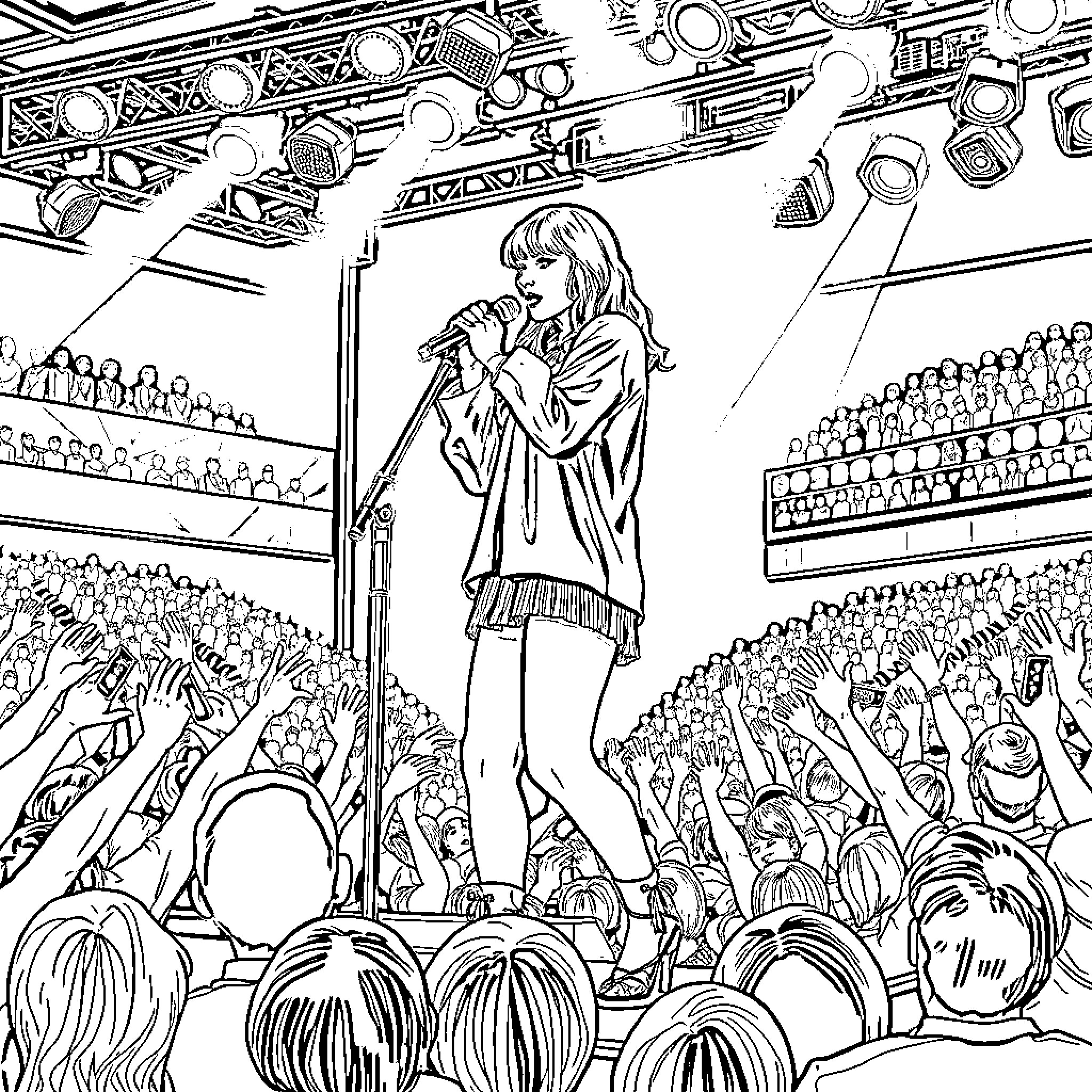 Taylor Swift performing on stage with audience Coloring Page (free black-and-white line drawing printable PDF for all, from beginners to advanced learners, including children, teens, adults, and seniors)