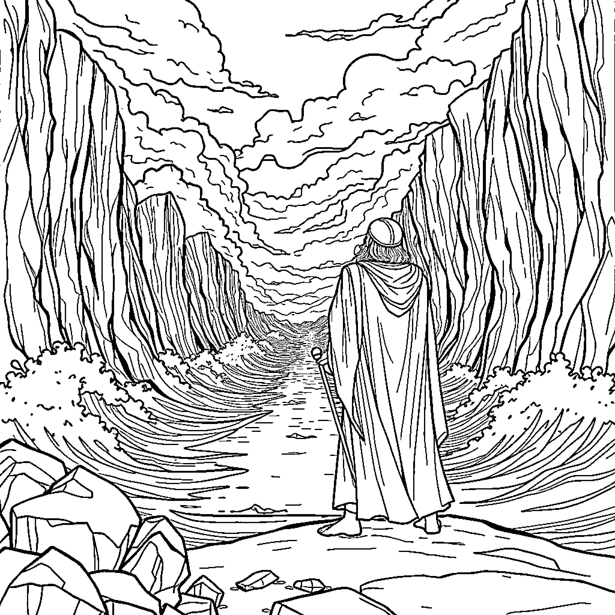 Moses Crossing the Parted Sea Coloring Page (free black-and-white line drawing printable PDF for all, from beginners to advanced learners, including children, teens, adults, and seniors)