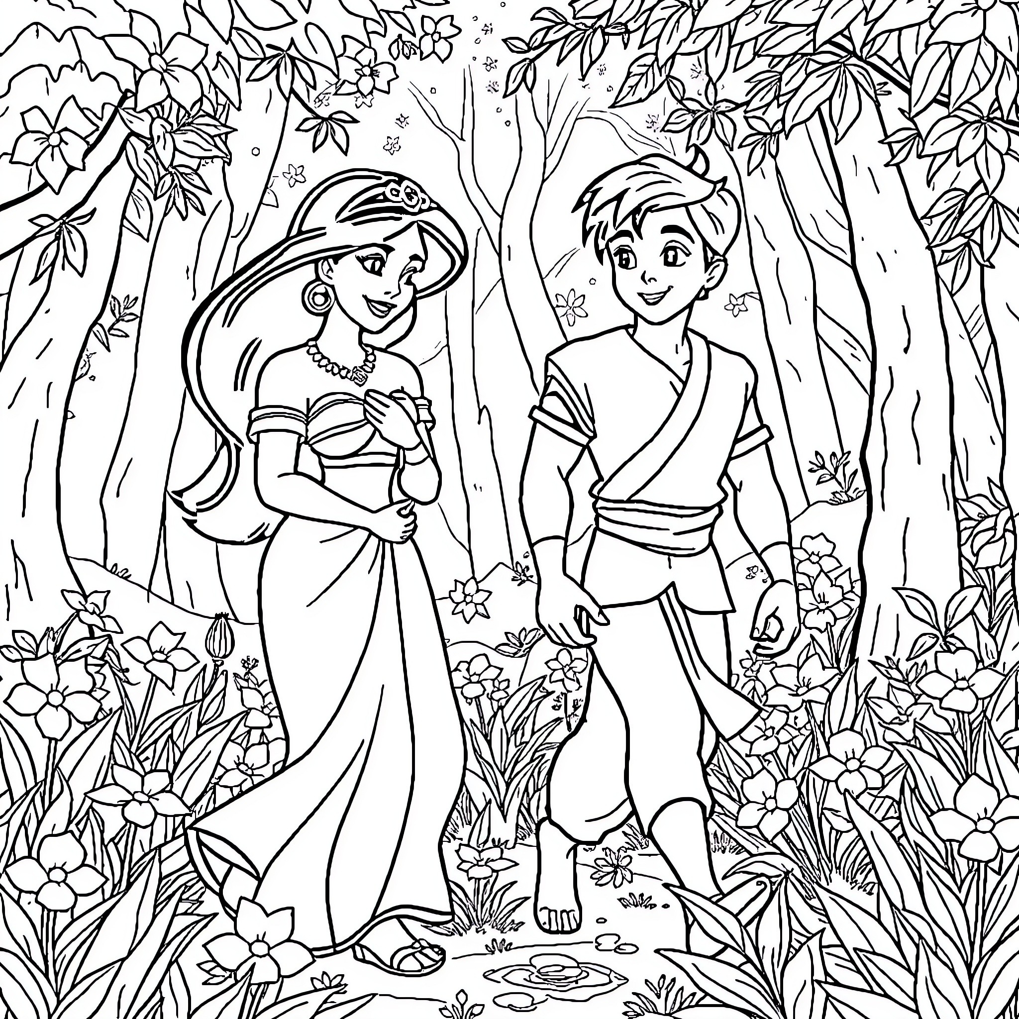Jasmine and Aladdin's Adventure in the Enchanted Forest Coloring Page (free black-and-white line drawing printable PDF for all, from beginners to advanced learners, including children, teens, adults, and seniors)