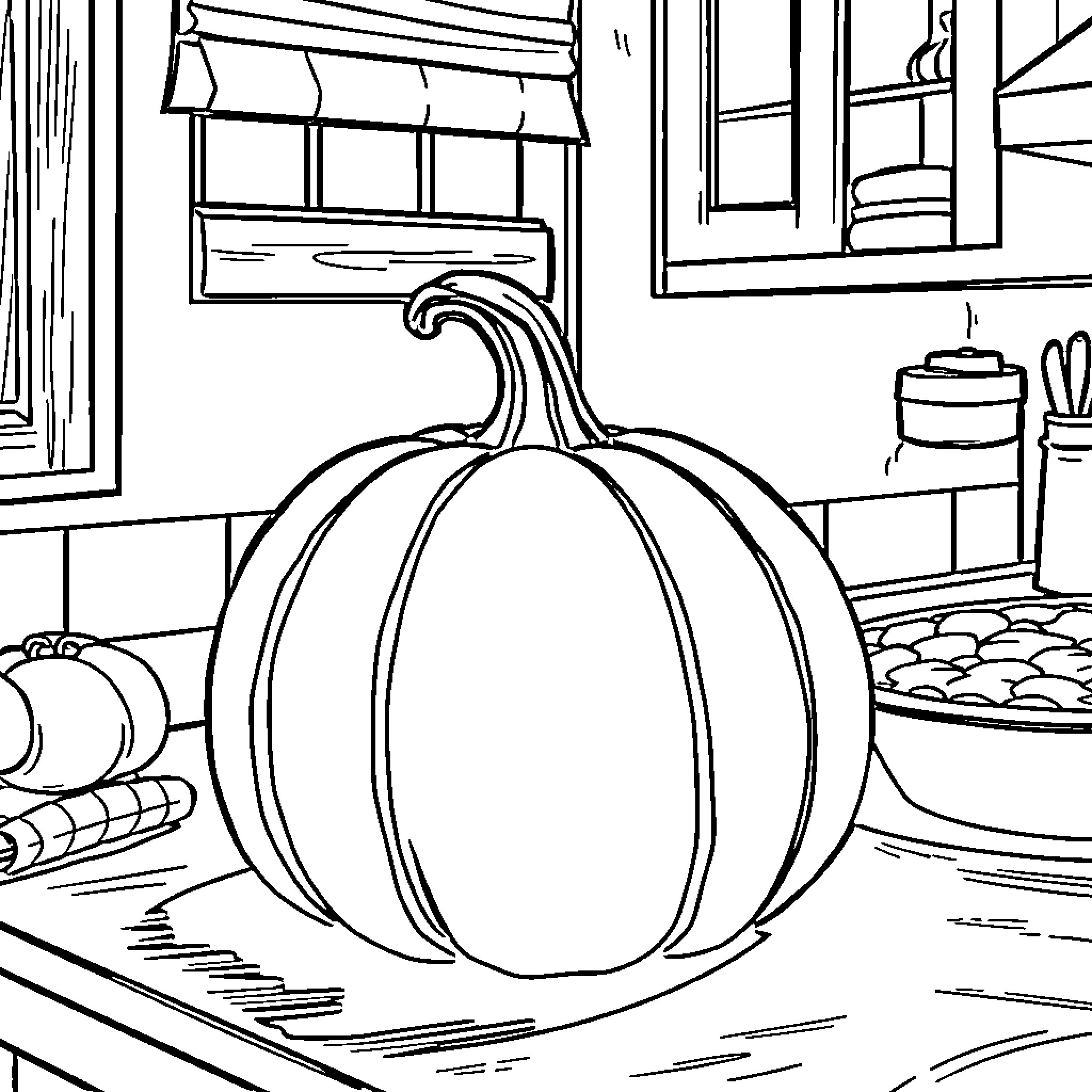 Pumpkin in the Kitchen Backdrop Coloring Page (free black-and-white line drawing printable PDF for all, from beginners to advanced learners, including children, teens, adults, and seniors)