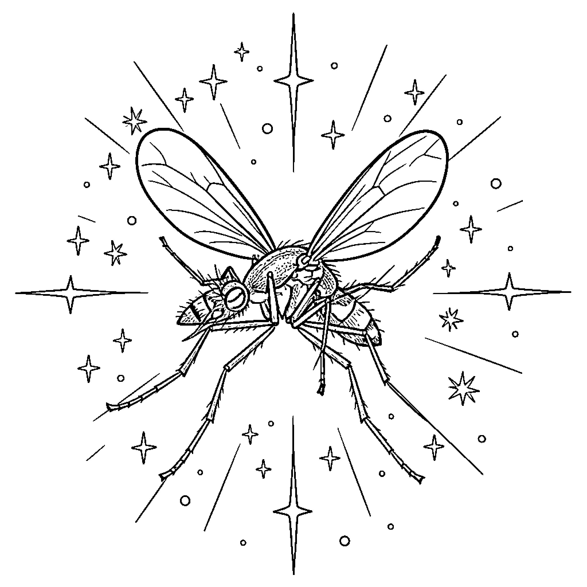 Mosquito flying amidst sparkling stars and decorative lines Coloring Page (free black-and-white line drawing printable PDF for all, from beginners to advanced learners, including children, teens, adults, and seniors)