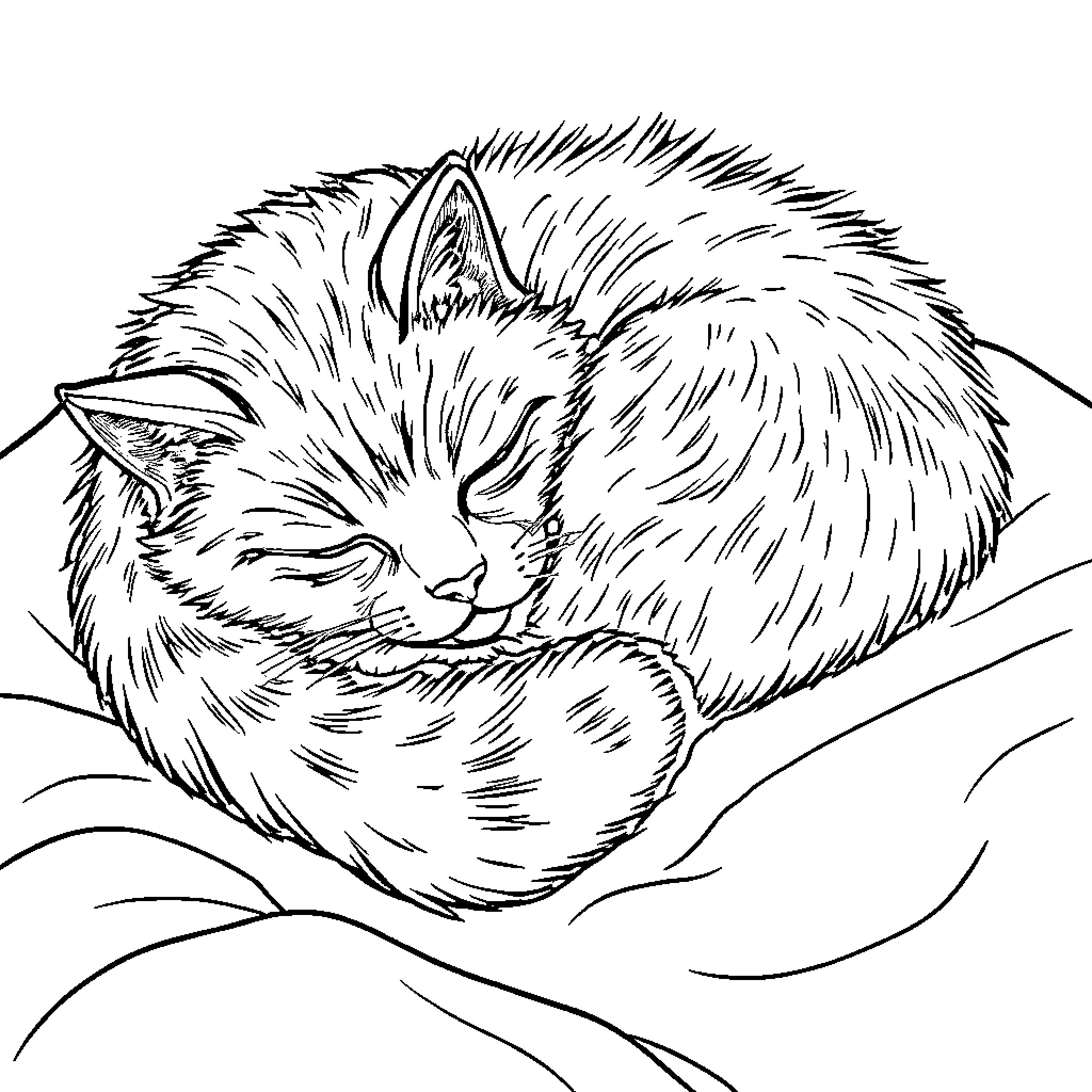 Cat peacefully resting on soft surface Coloring Page (free black-and-white line drawing printable PDF for all, from beginners to advanced learners, including children, teens, adults, and seniors)