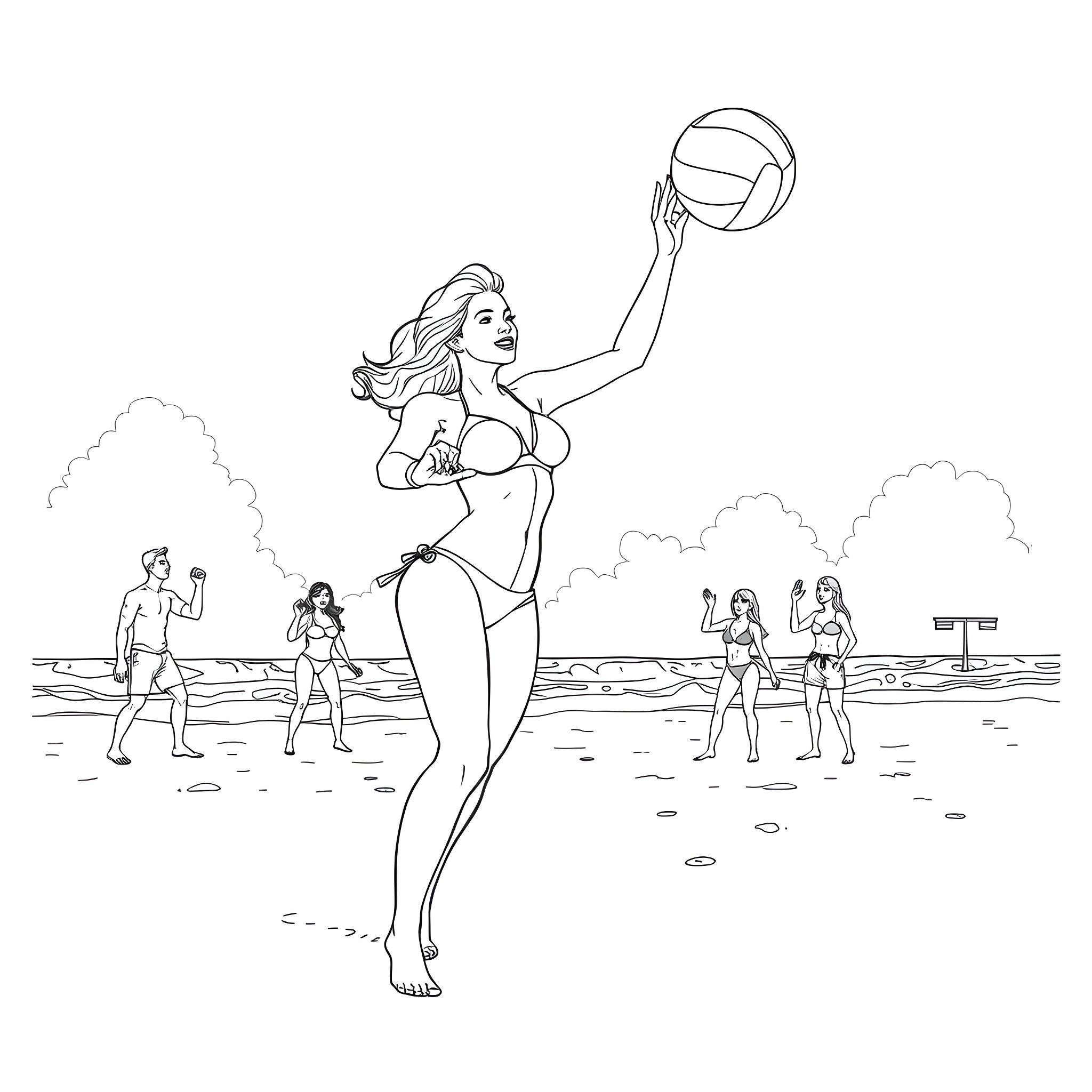Lady playing volleyball on the beach Coloring Page (free black-and-white line drawing printable PDF for all, from beginners to advanced learners, including children, teens, adults, and seniors)