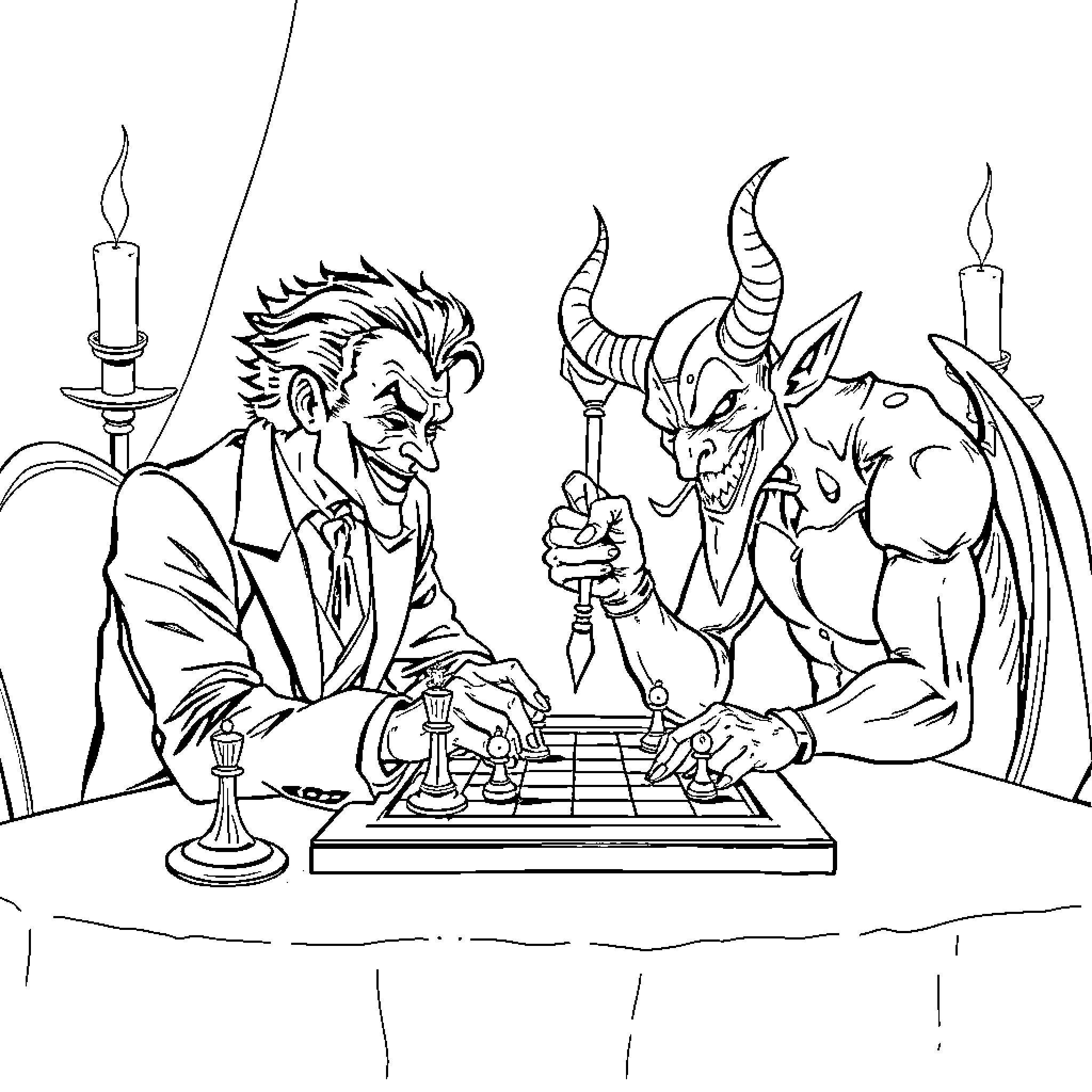 Joker and Demon Playing Chess in the Dark Coloring Page (free black-and-white line drawing printable PDF for all, from beginners to advanced learners, including children, teens, adults, and seniors)