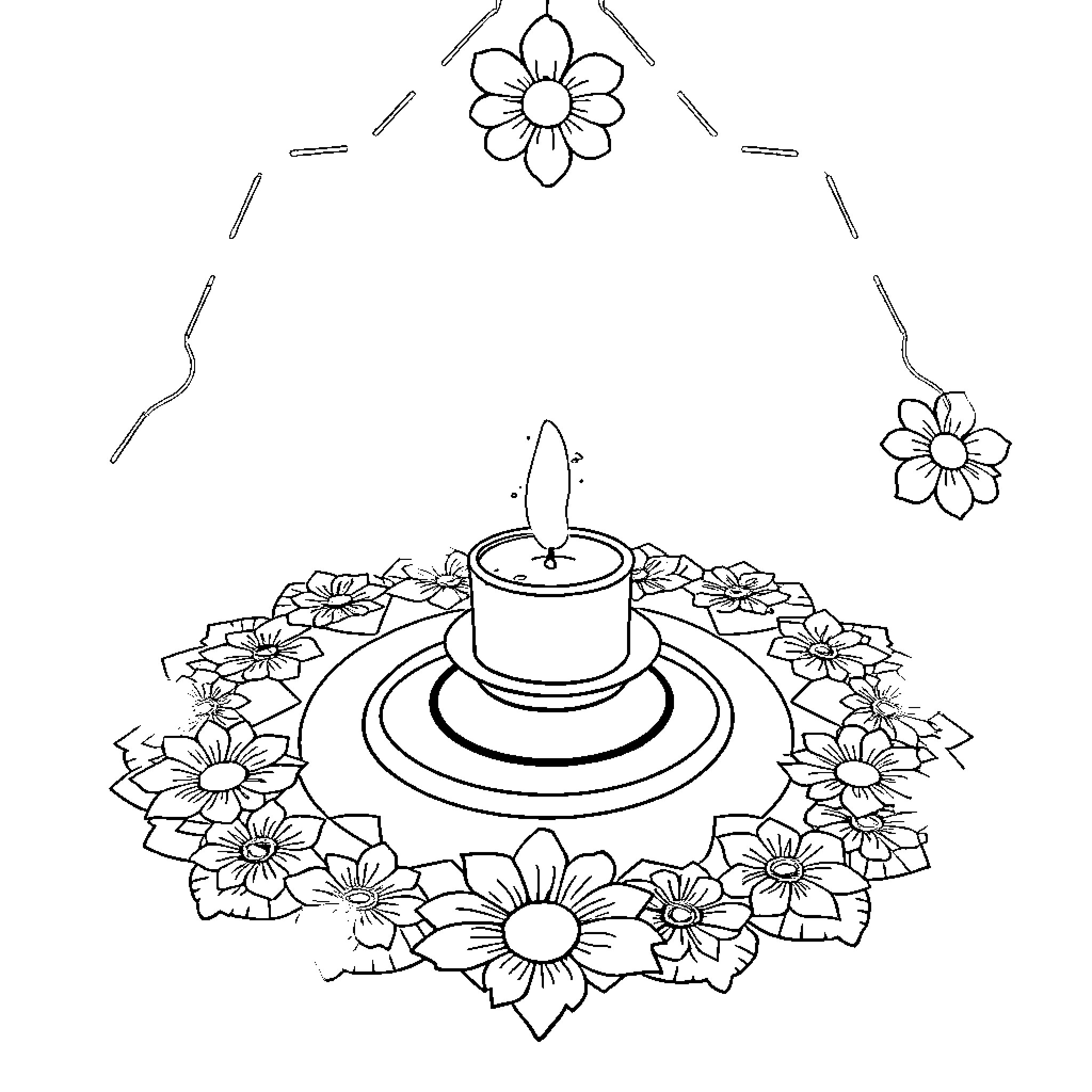 Candle surrounded by floral decor Coloring Page (free black-and-white line drawing printable PDF for all, from beginners to advanced learners, including children, teens, adults, and seniors)