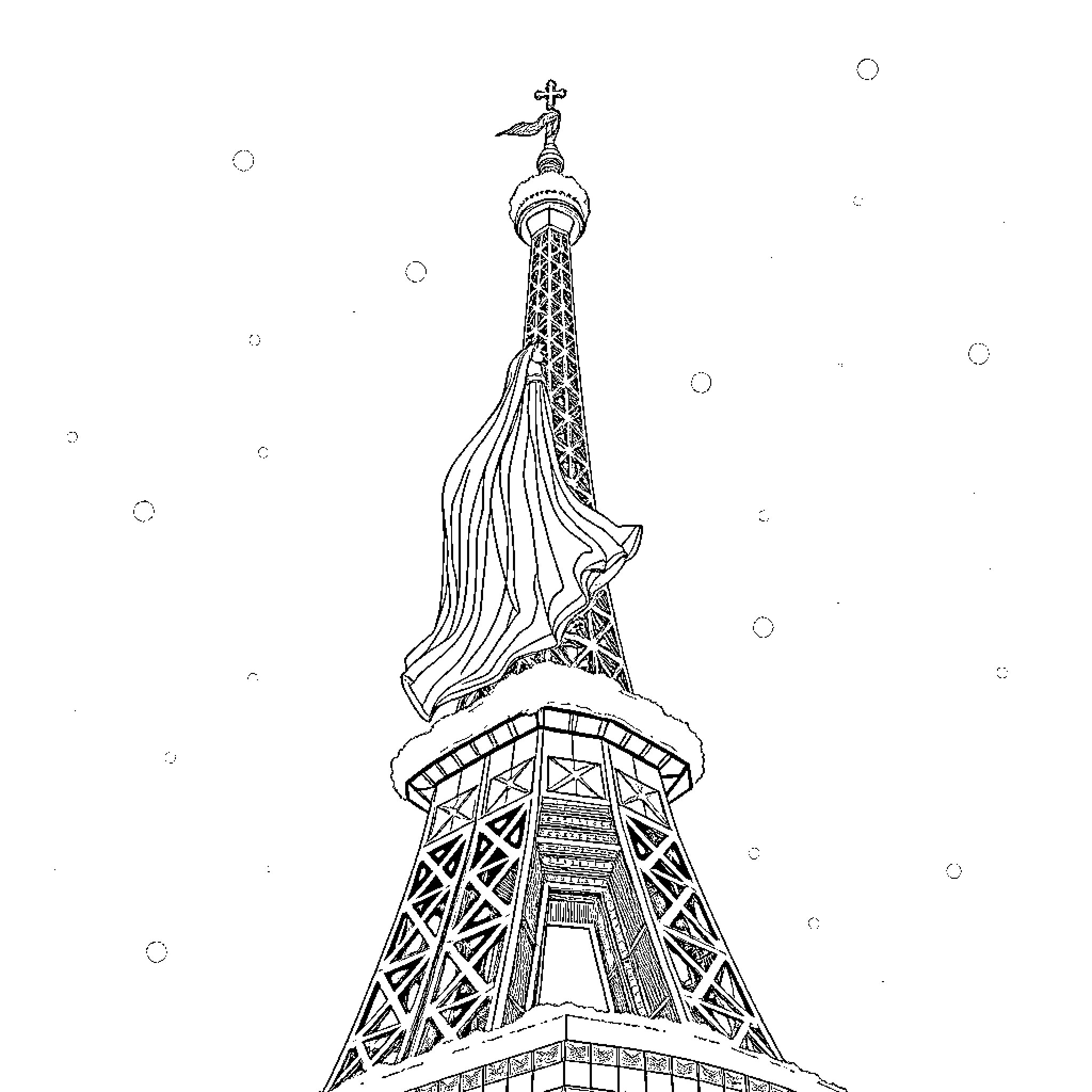 Queen's Majestic Eiffel Tower Coloring Page (free black-and-white line drawing printable PDF for all, from beginners to advanced learners, including children, teens, adults, and seniors)