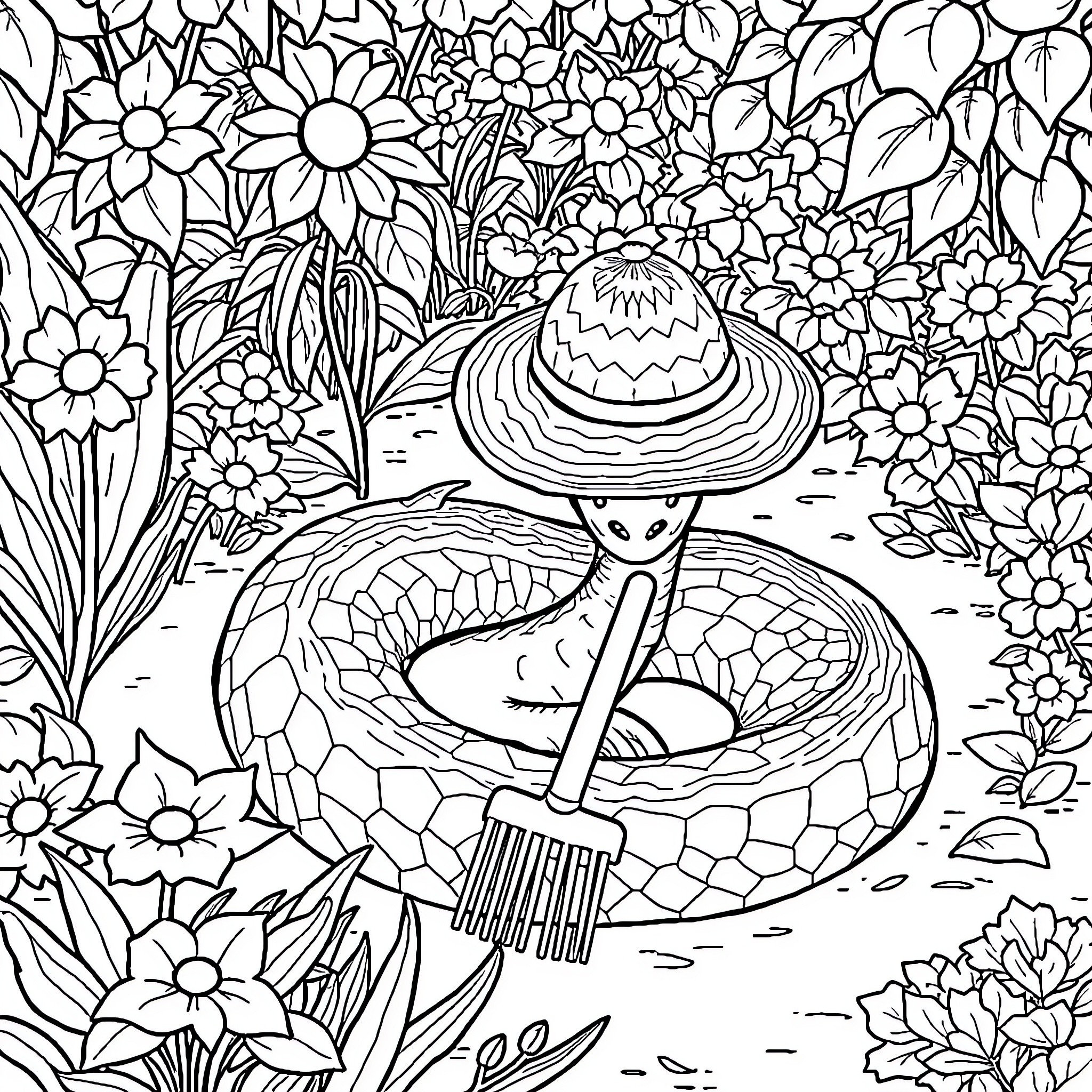 Snake exploring lush floral garden Coloring Page (free black-and-white line drawing printable PDF for all, from beginners to advanced learners, including children, teens, adults, and seniors)