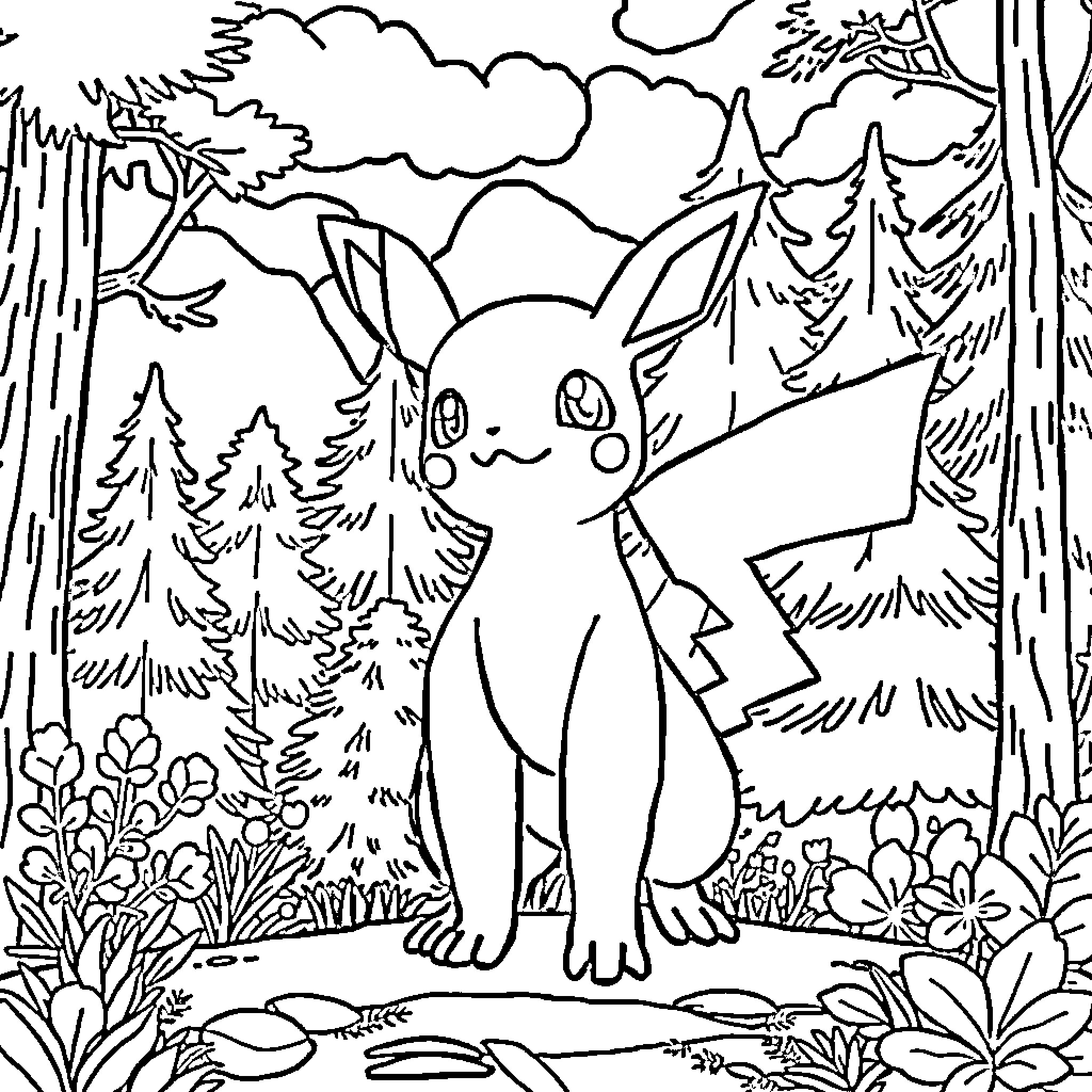 Pokémon character enjoying the forest landscape Coloring Page (free black-and-white line drawing printable PDF for all, from beginners to advanced learners, including children, teens, adults, and seniors)