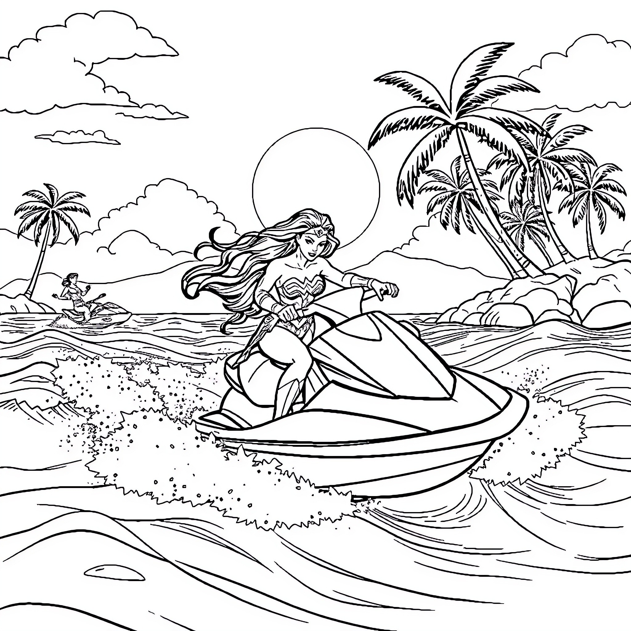 Wonder Woman riding on the waves in a tropical paradise Coloring Page (free black-and-white line drawing printable PDF for all, from beginners to advanced learners, including children, teens, adults, and seniors)