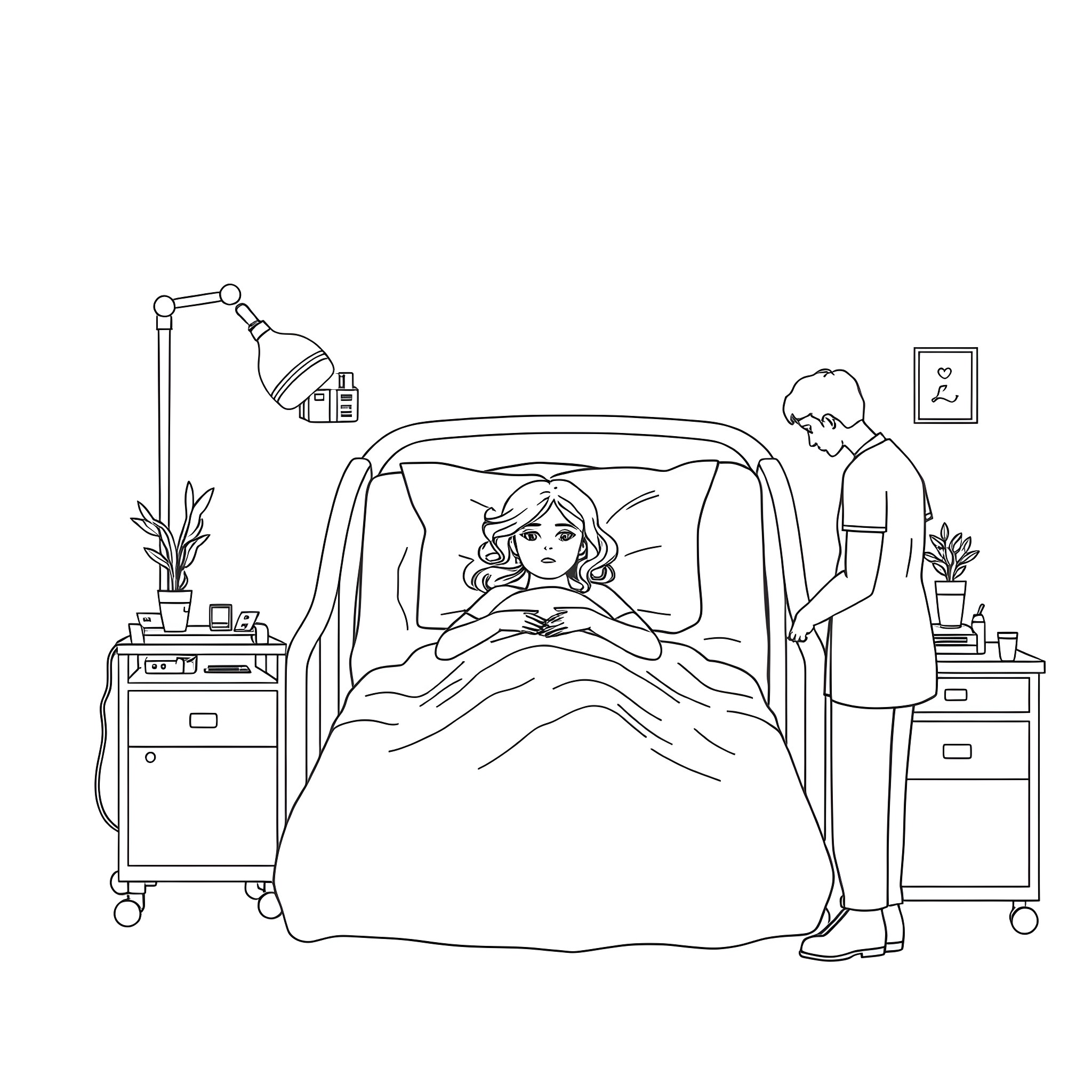 Mom resting in bed with medical staff nearby Coloring Page (free black-and-white line drawing printable PDF for all, from beginners to advanced learners, including children, teens, adults, and seniors)