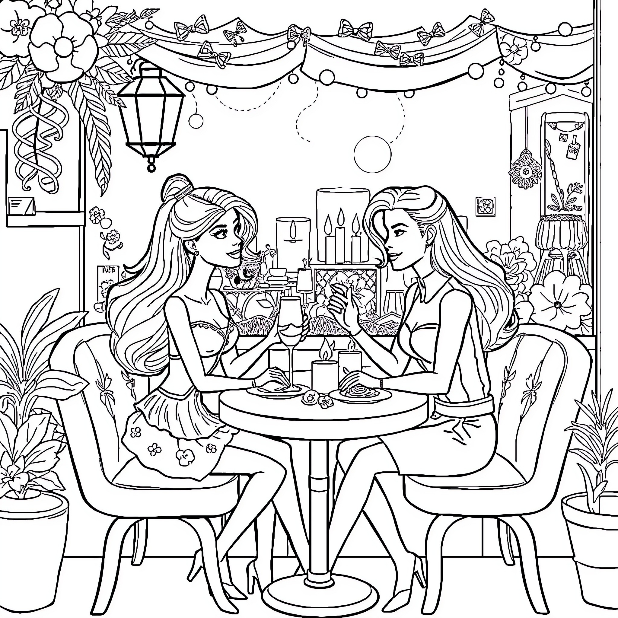 Barbie's Cozy Cafe Conversation Coloring Page (free black-and-white line drawing printable PDF for all, from beginners to advanced learners, including children, teens, adults, and seniors)