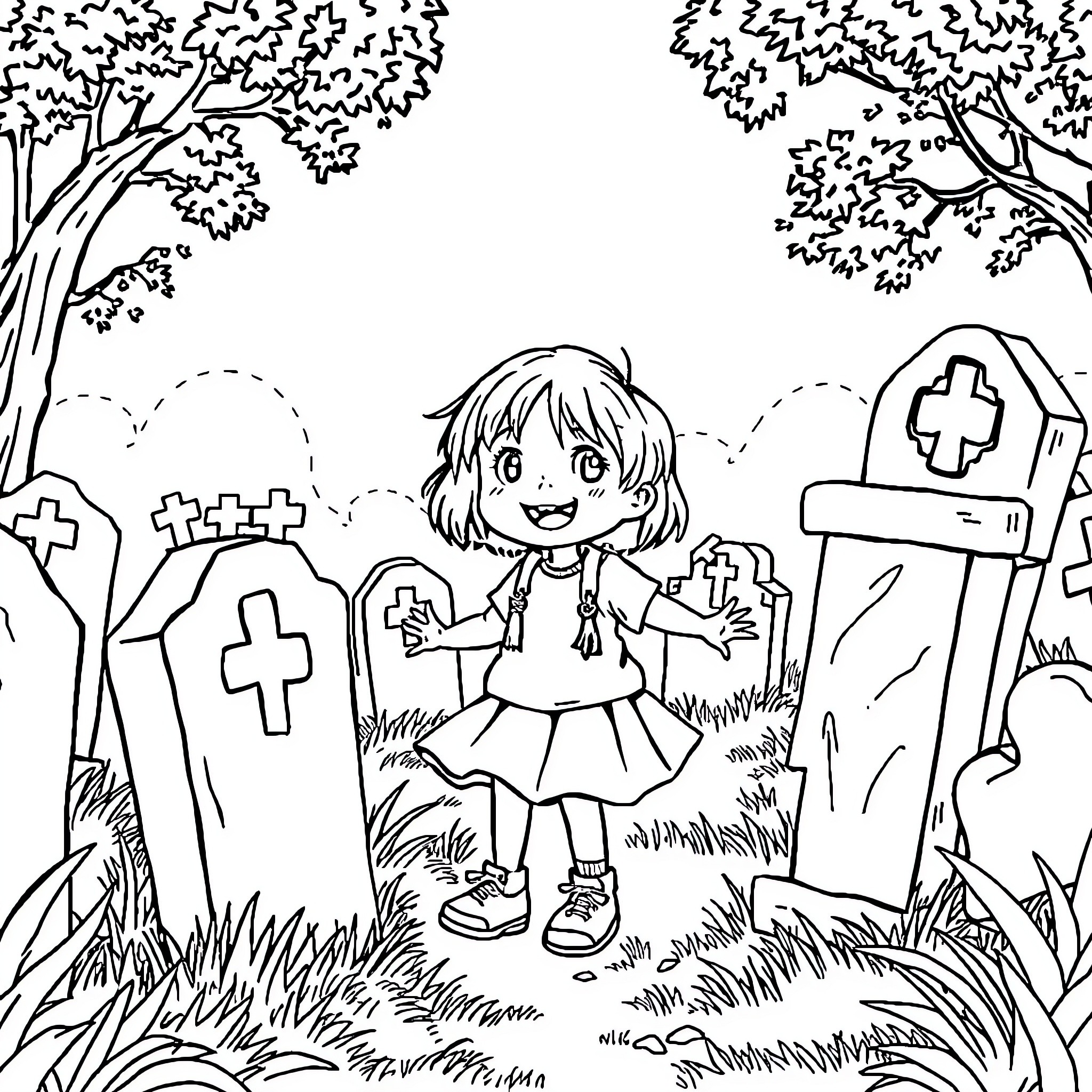 Girl exploring spooky graveyard landscape Coloring Page (free black-and-white line drawing printable PDF for all, from beginners to advanced learners, including children, teens, adults, and seniors)