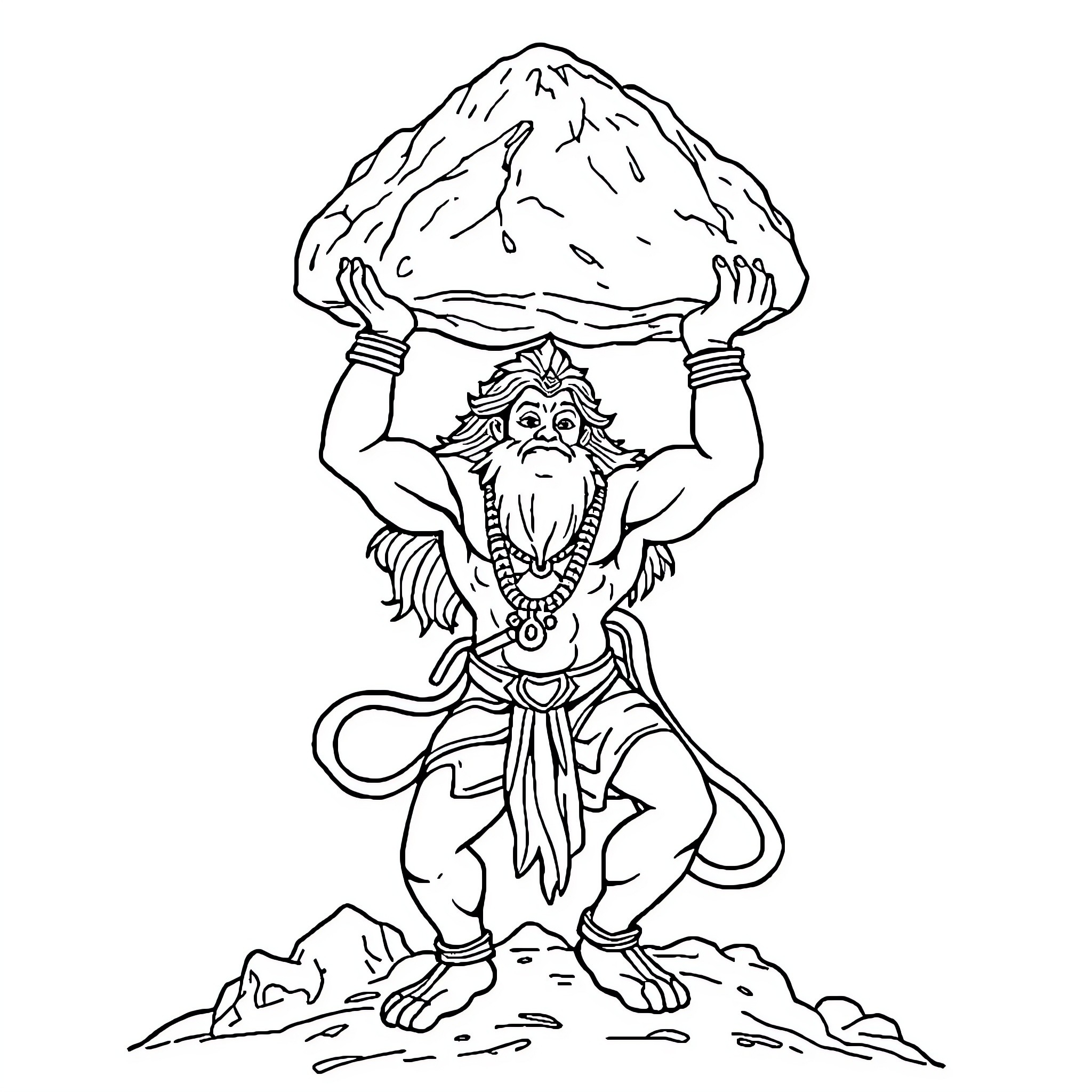 Hanuman lifting a mountain for the Lord Coloring Page (free black-and-white line drawing printable PDF for all, from beginners to advanced learners, including children, teens, adults, and seniors)