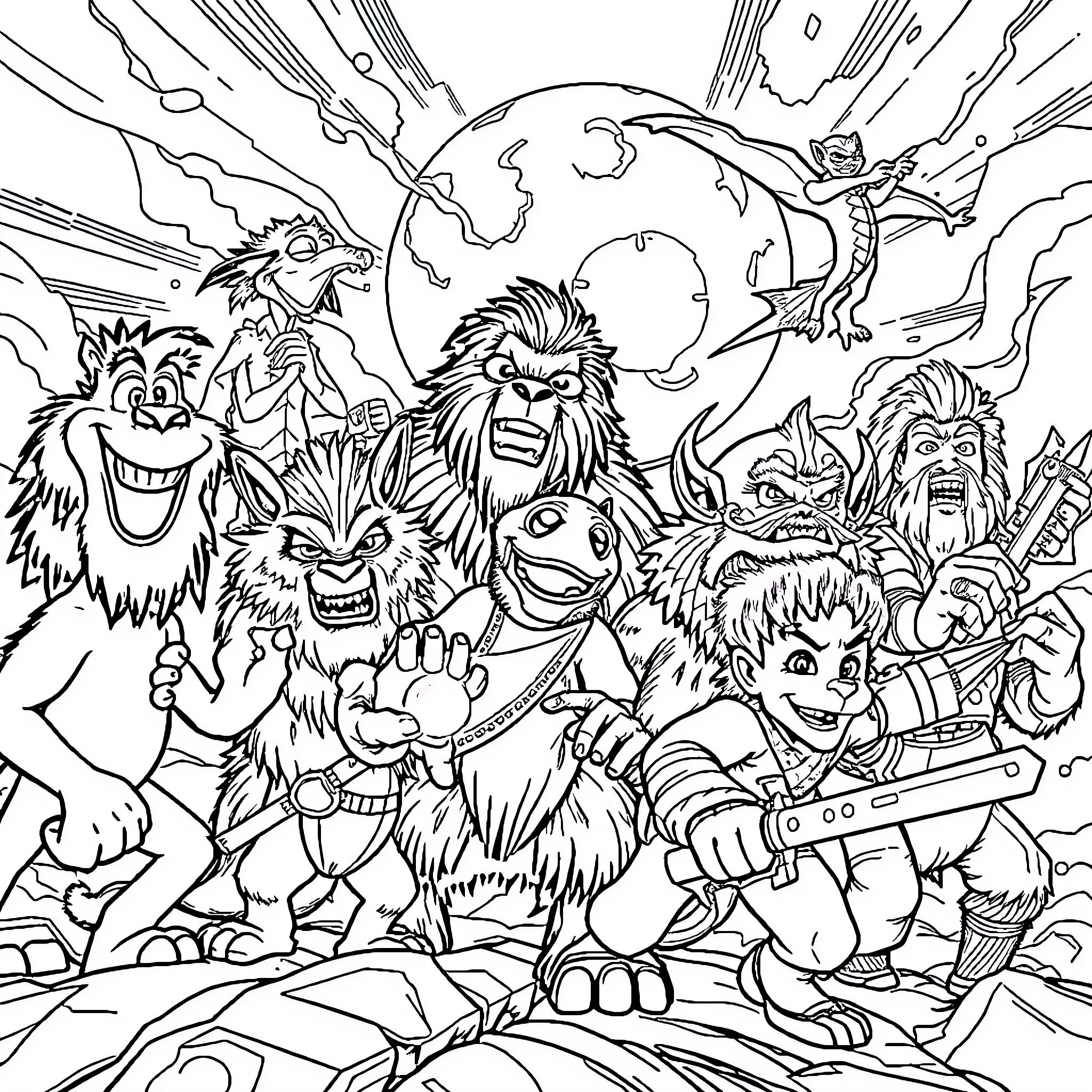 Character Ensemble of Monstrous Beings in Action Coloring Page (free black-and-white line drawing printable PDF for all, from beginners to advanced learners, including children, teens, adults, and seniors)