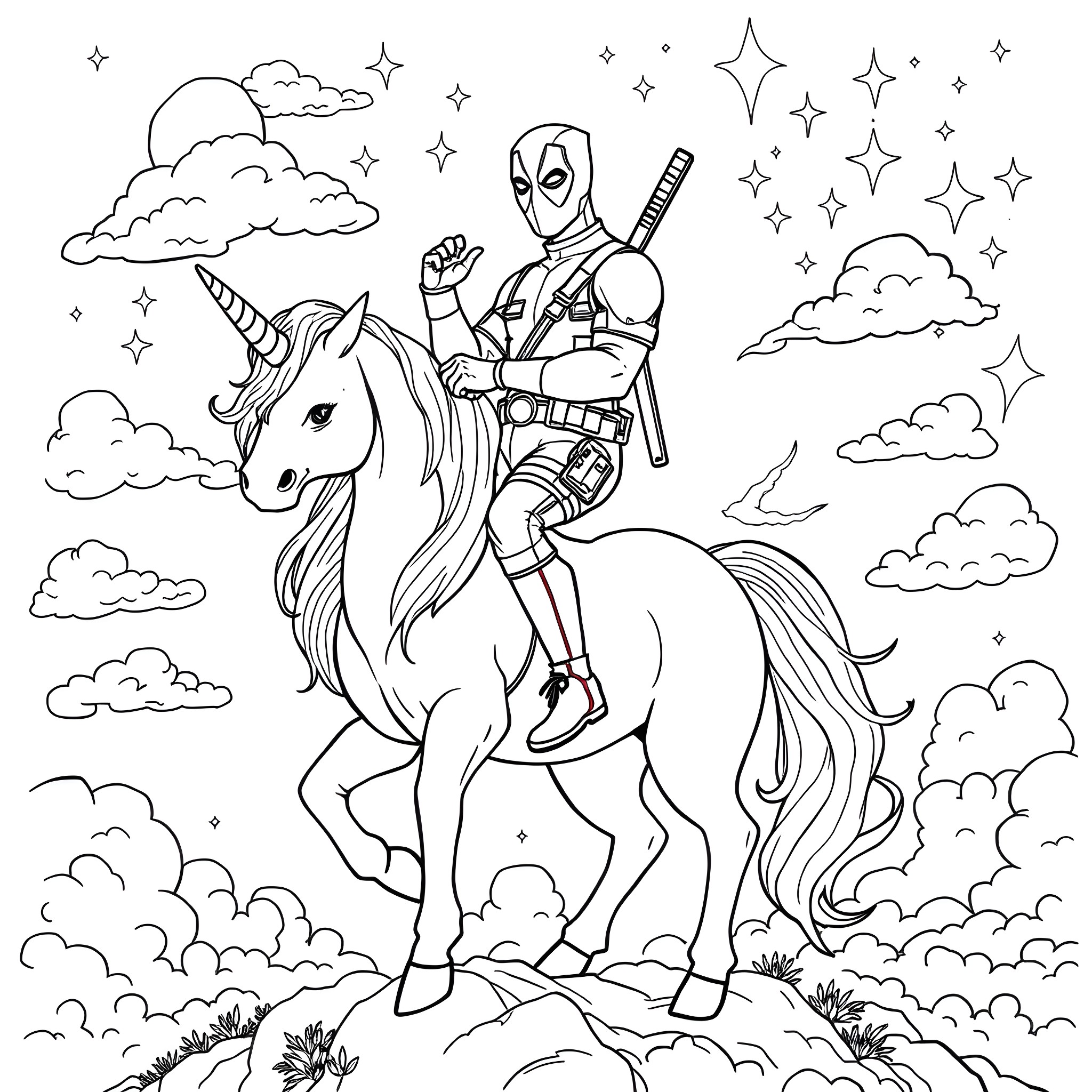 Deadpool's Magical Unicorn Adventure Coloring Page (free black-and-white line drawing printable PDF for all, from beginners to advanced learners, including children, teens, adults, and seniors)