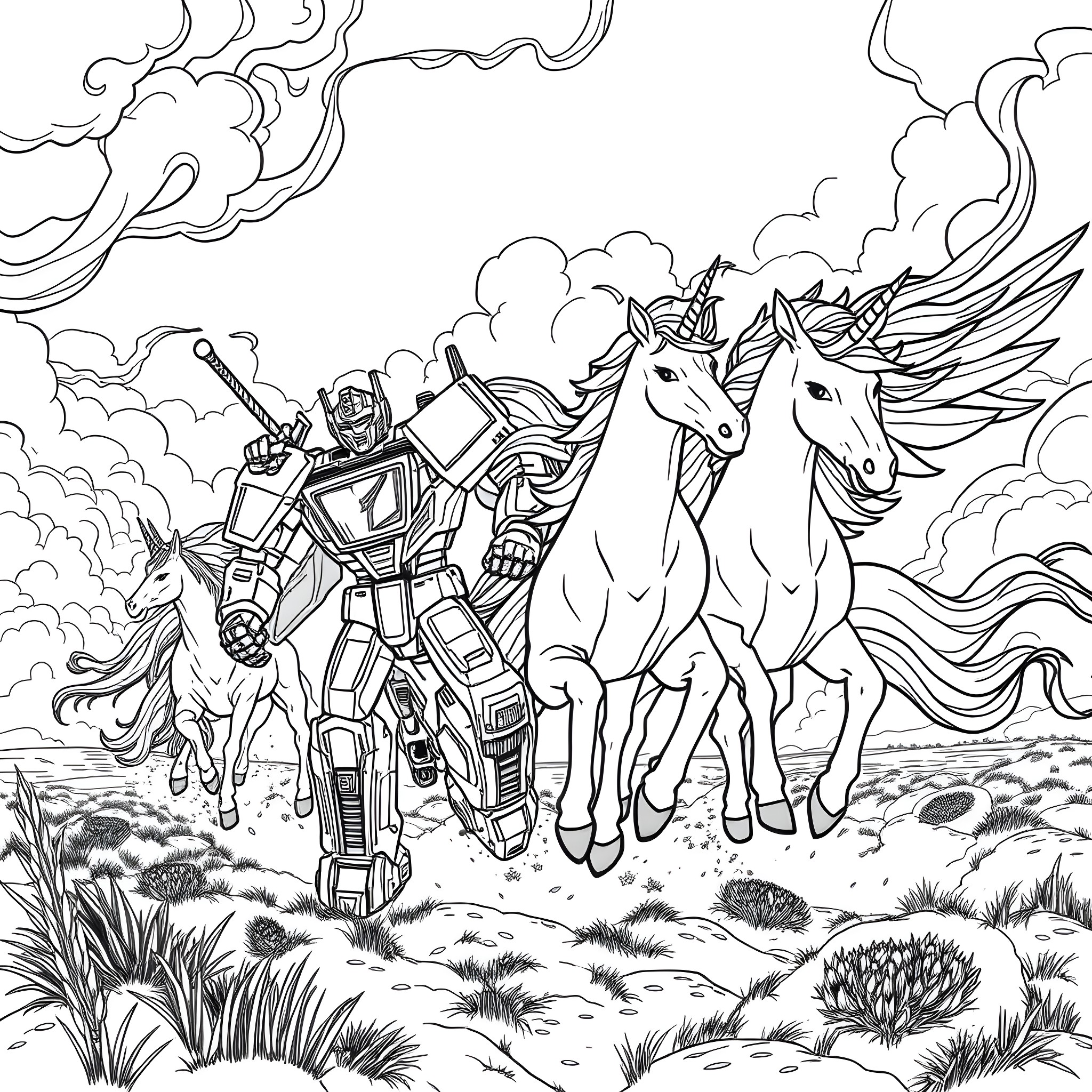 Transformer battle with winged unicorns in a surreal landscape Coloring Page (free black-and-white line drawing printable PDF for all, from beginners to advanced learners, including children, teens, adults, and seniors)
