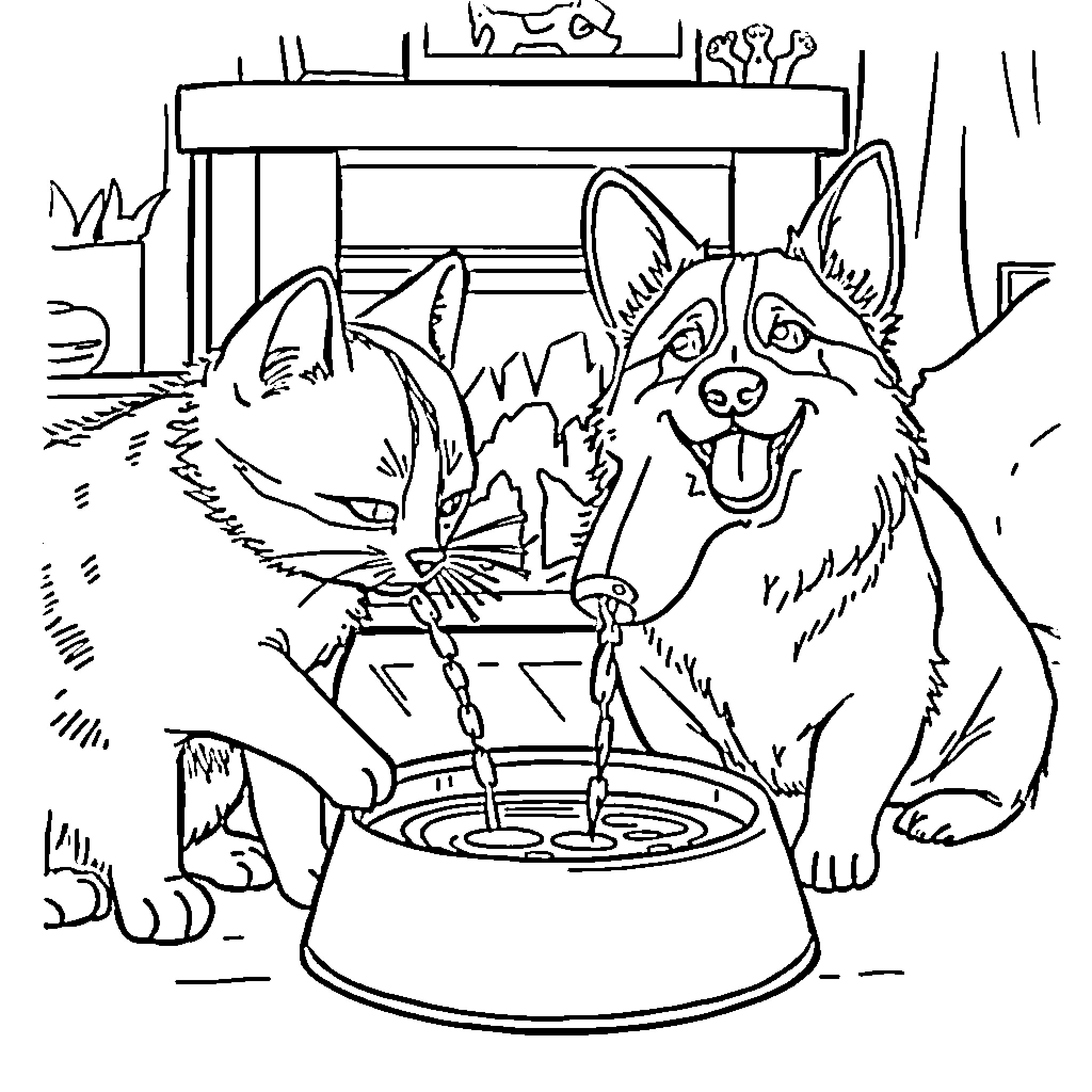 Cats playing with water fountain Coloring Page (free black-and-white line drawing printable PDF for all, from beginners to advanced learners, including children, teens, adults, and seniors)