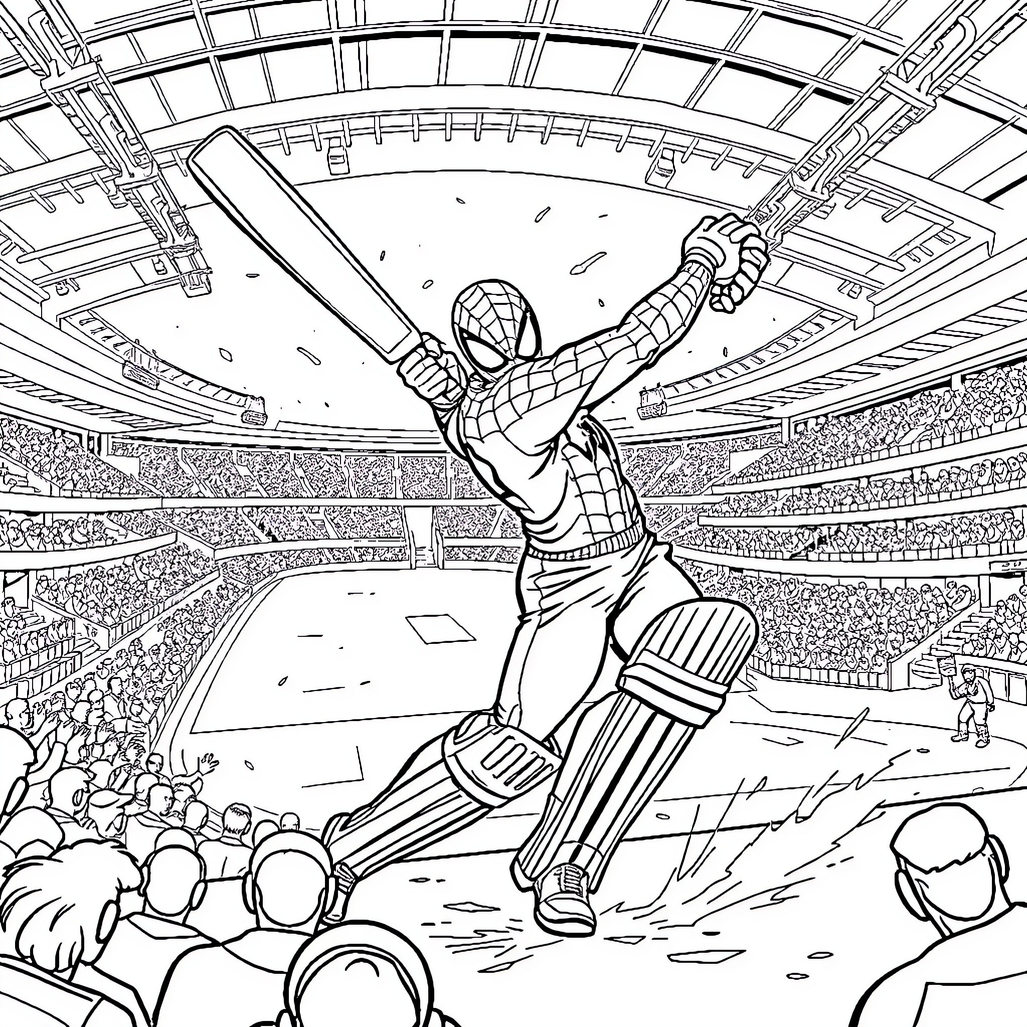 Spiderman swinging triumphantly in a crowded stadium Coloring Page (free black-and-white line drawing printable PDF for all, from beginners to advanced learners, including children, teens, adults, and seniors)