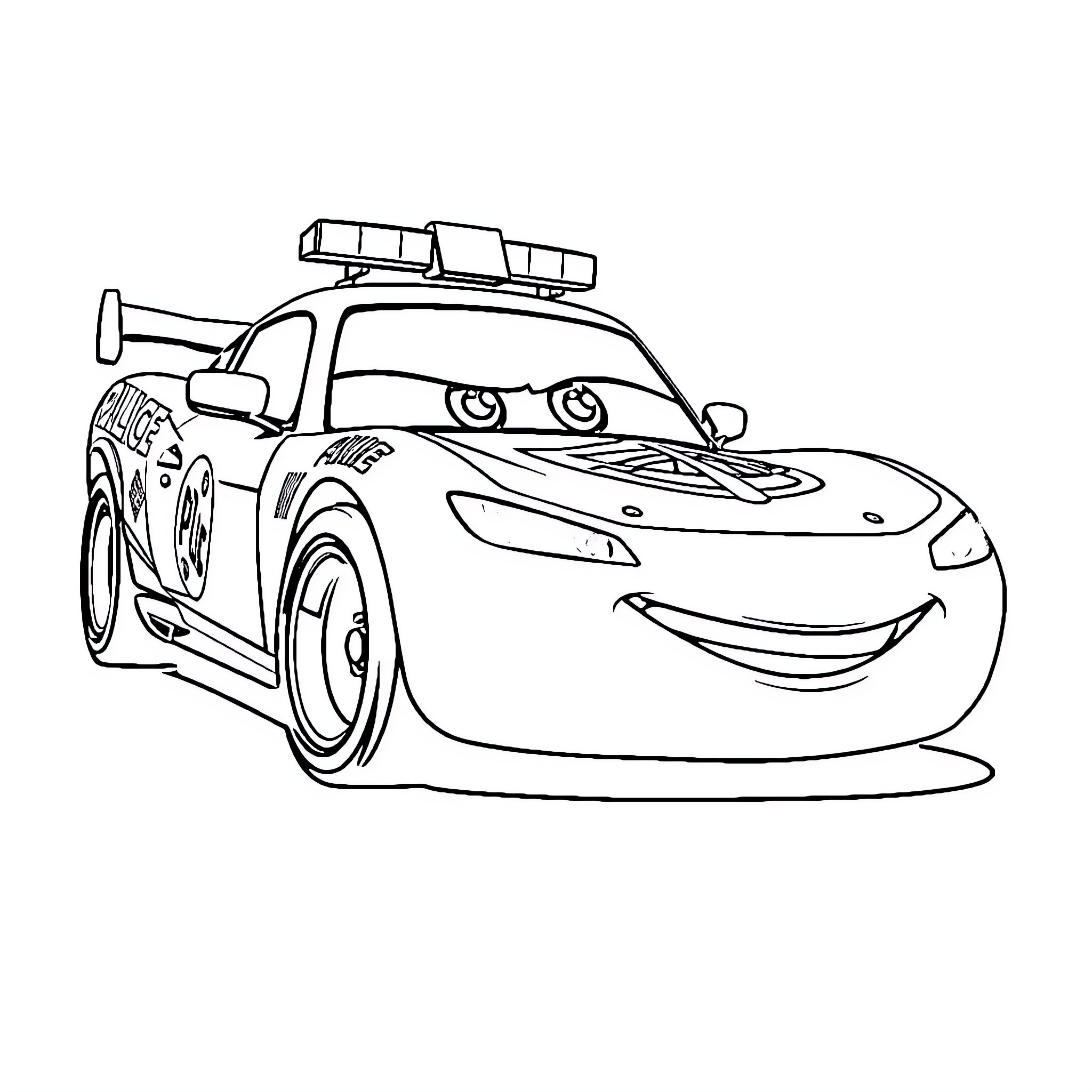 Police Car chasing speedily on the road Coloring Page (free black-and-white line drawing printable PDF for all, from beginners to advanced learners, including children, teens, adults, and seniors)