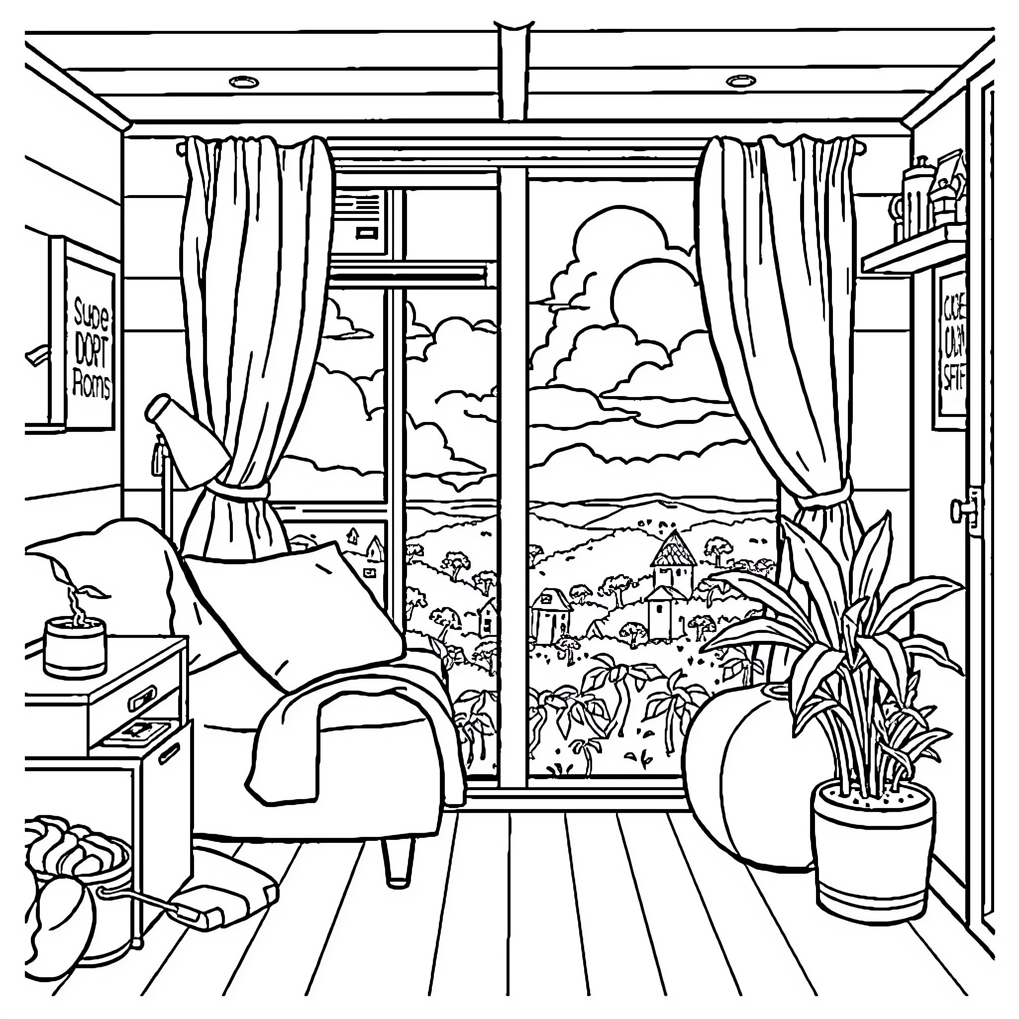 Air Conditioning Comforts in a Scenic Oasis Coloring Page (free black-and-white line drawing printable PDF for all, from beginners to advanced learners, including children, teens, adults, and seniors)