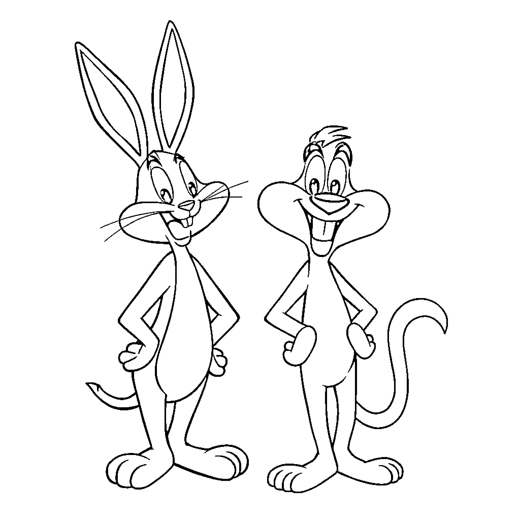 Bunny characters posing with excitement Coloring Page (free black-and-white line drawing printable PDF for all, from beginners to advanced learners, including children, teens, adults, and seniors)