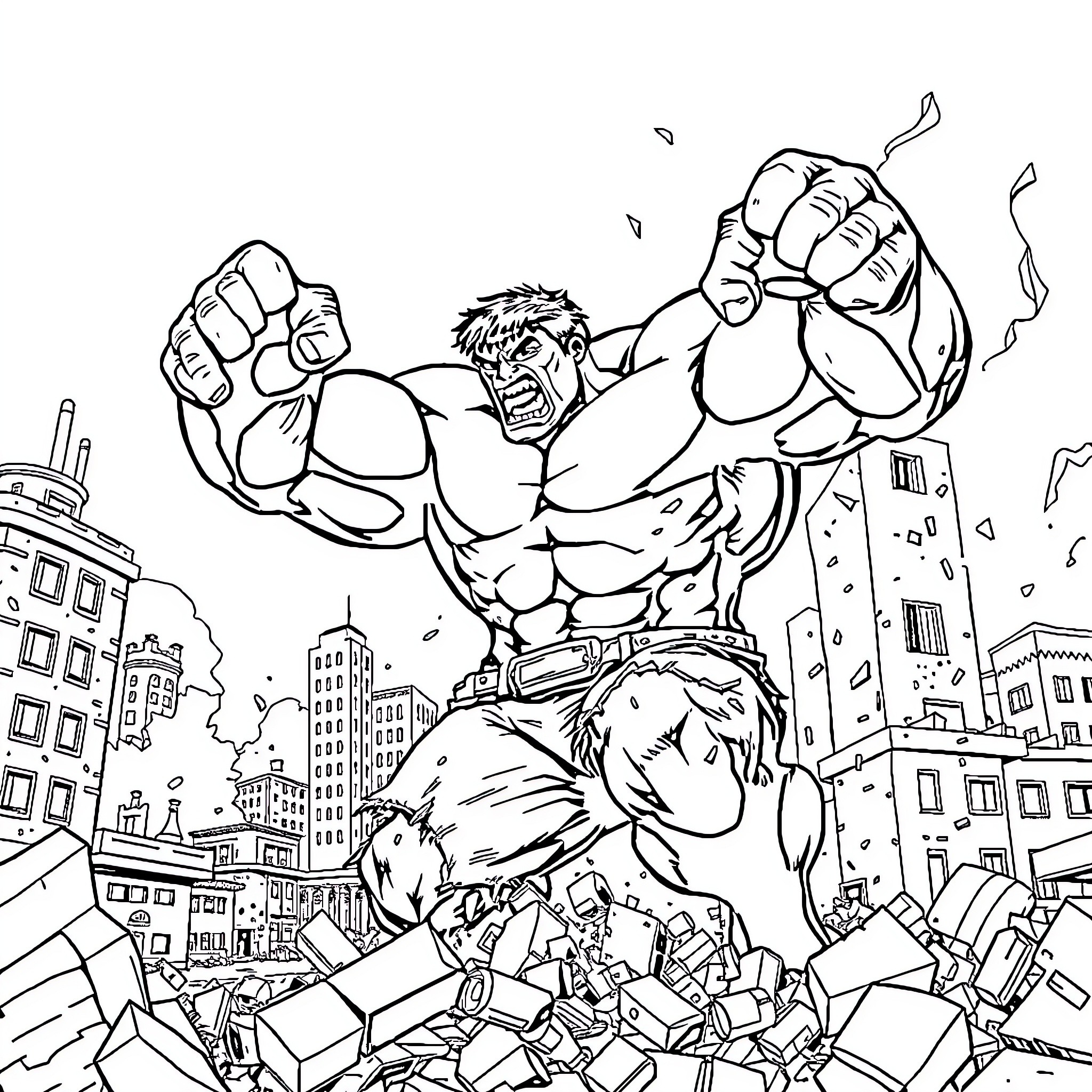 Hulk Crushing Buildings in Cityscape Coloring Page (free black-and-white line drawing printable PDF for all, from beginners to advanced learners, including children, teens, adults, and seniors)