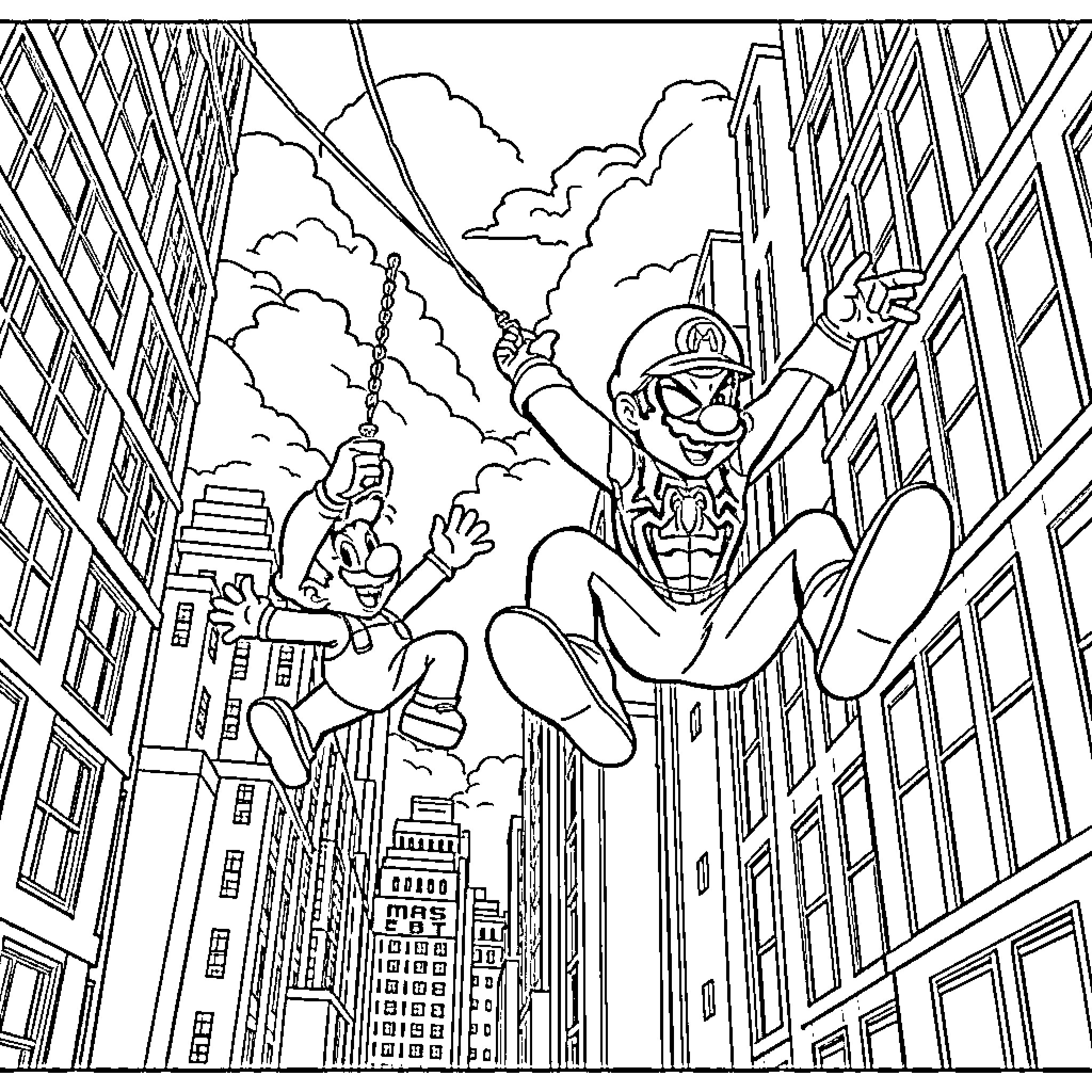 Spiderman swinging through the city skyline Coloring Page (free black-and-white line drawing printable PDF for all, from beginners to advanced learners, including children, teens, adults, and seniors)