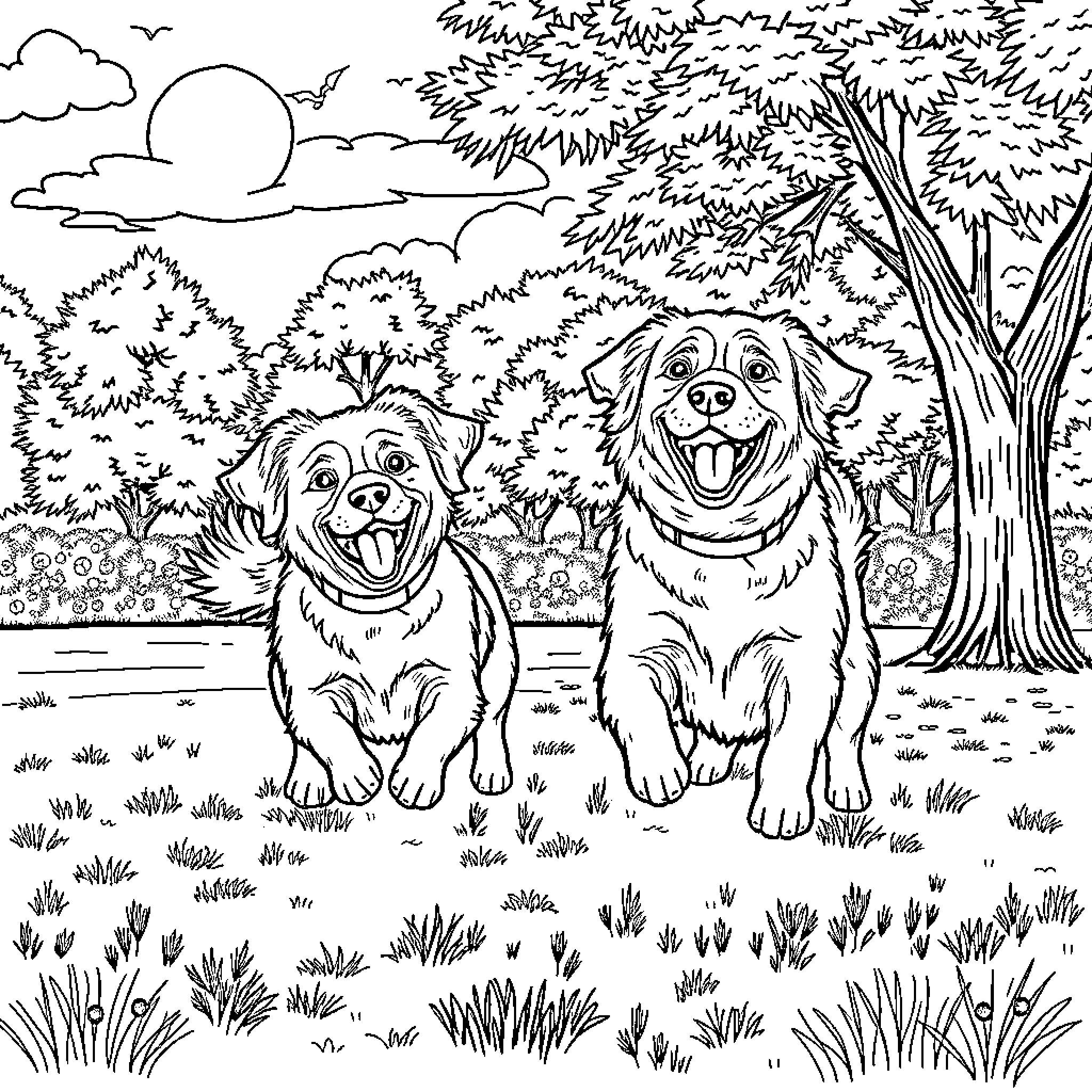 Dog friends enjoying outdoor nature scene Coloring Page (free black-and-white line drawing printable PDF for all, from beginners to advanced learners, including children, teens, adults, and seniors)