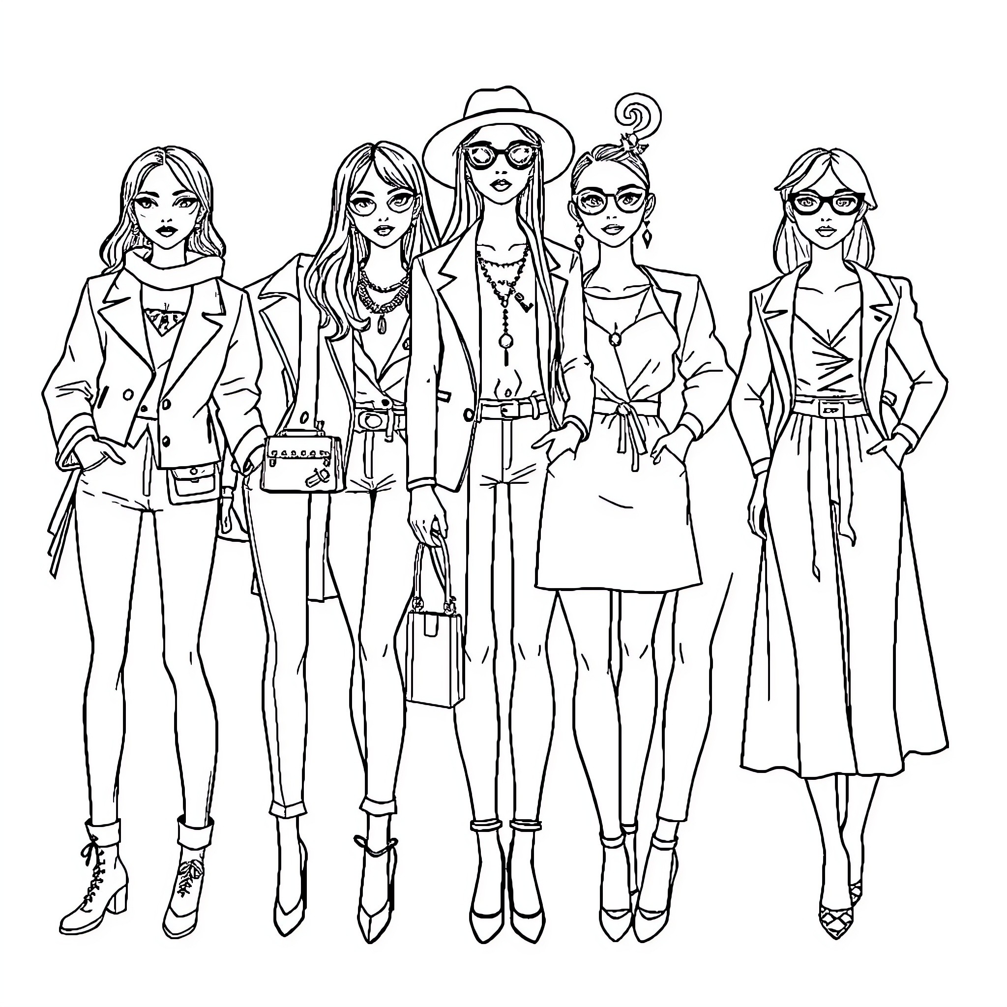 Fashion-Forward Female Figures Showcasing Stylish Looks Coloring Page (free black-and-white line drawing printable PDF for all, from beginners to advanced learners, including children, teens, adults, and seniors)