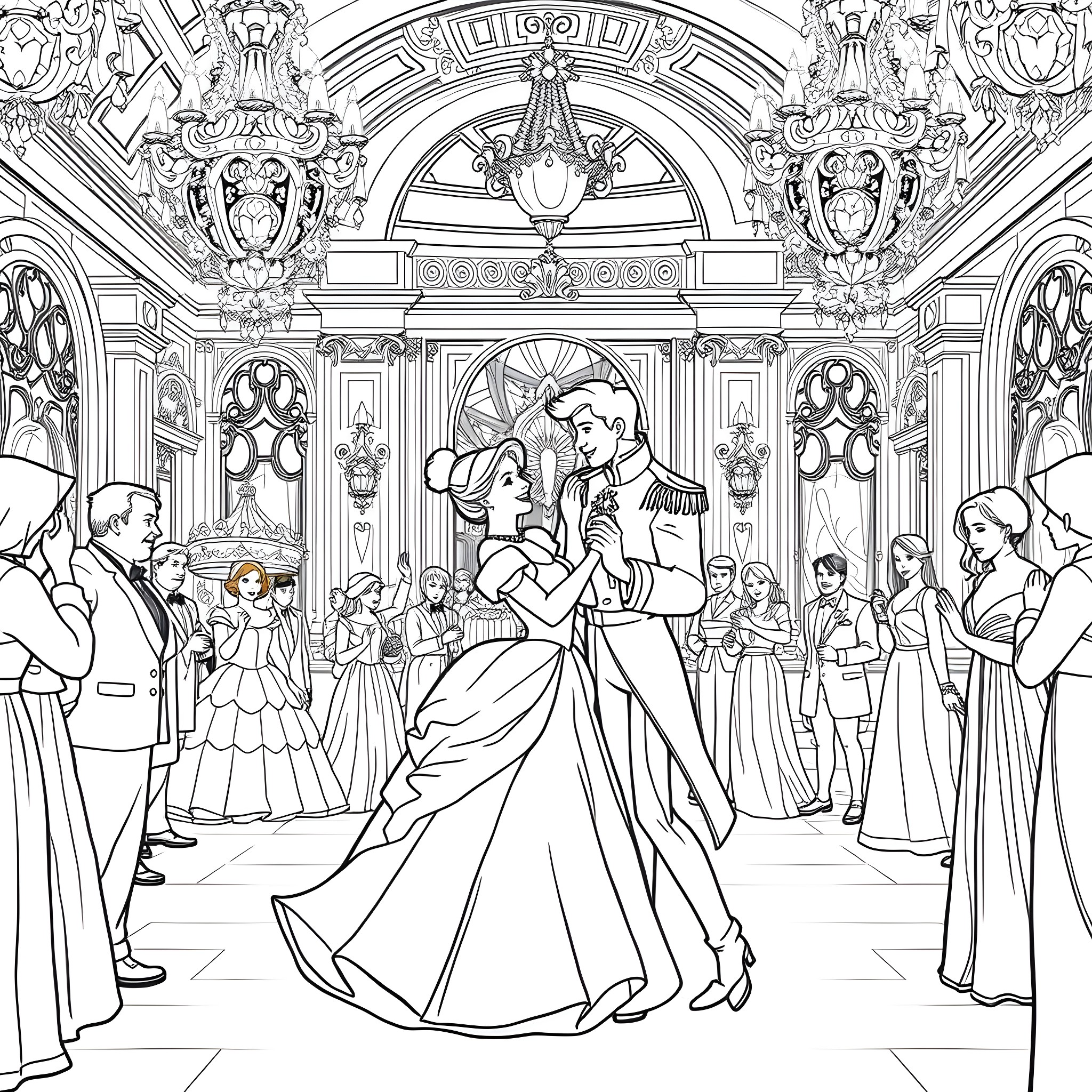 Cinderella's grand ball with dancing and celebration Coloring Page (free black-and-white line drawing printable PDF for all, from beginners to advanced learners, including children, teens, adults, and seniors)