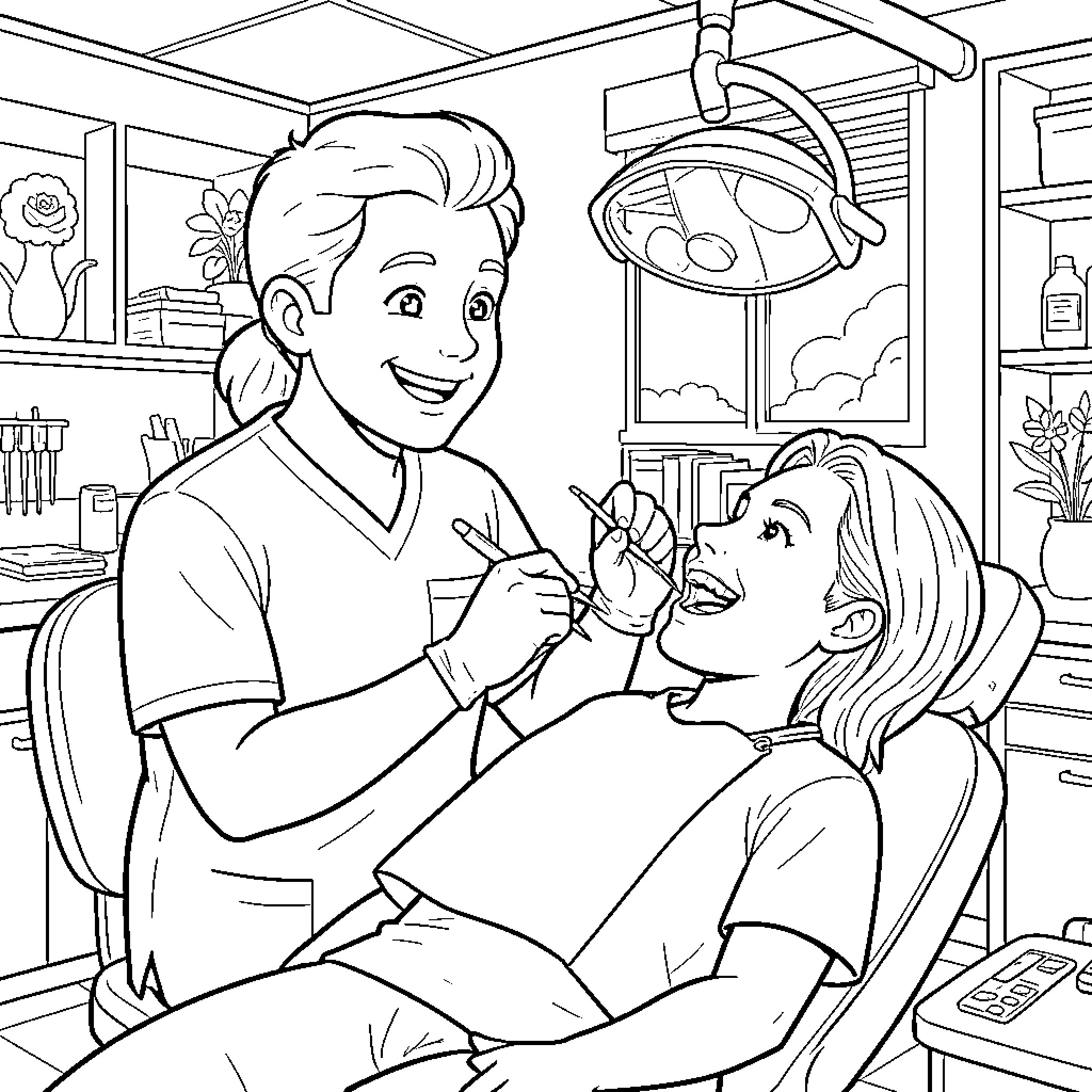 Dentist examining patient in dental office Coloring Page (free black-and-white line drawing printable PDF for all, from beginners to advanced learners, including children, teens, adults, and seniors)