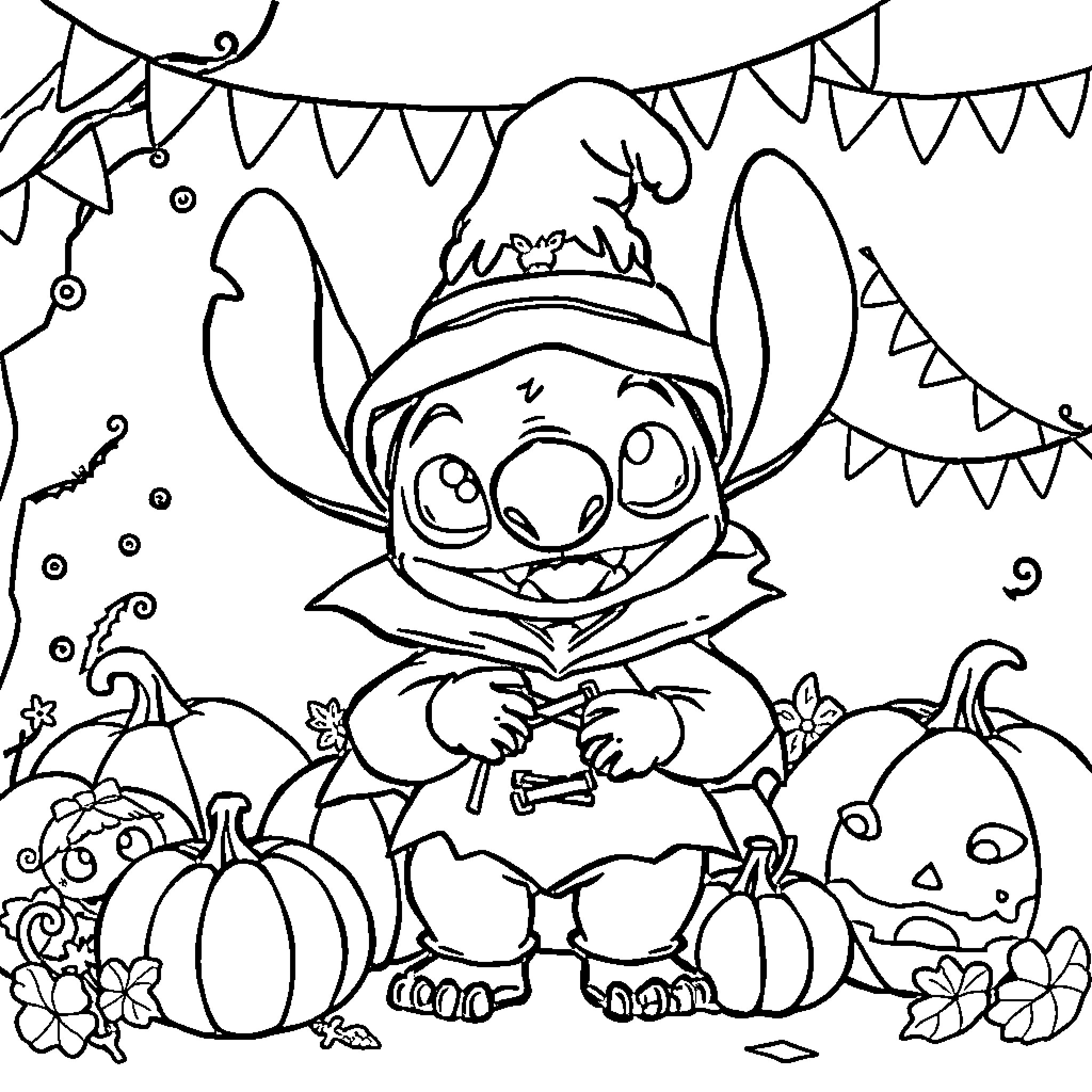 Stitch celebrates joyful Halloween with pumpkins Coloring Page (free black-and-white line drawing printable PDF for all, from beginners to advanced learners, including children, teens, adults, and seniors)