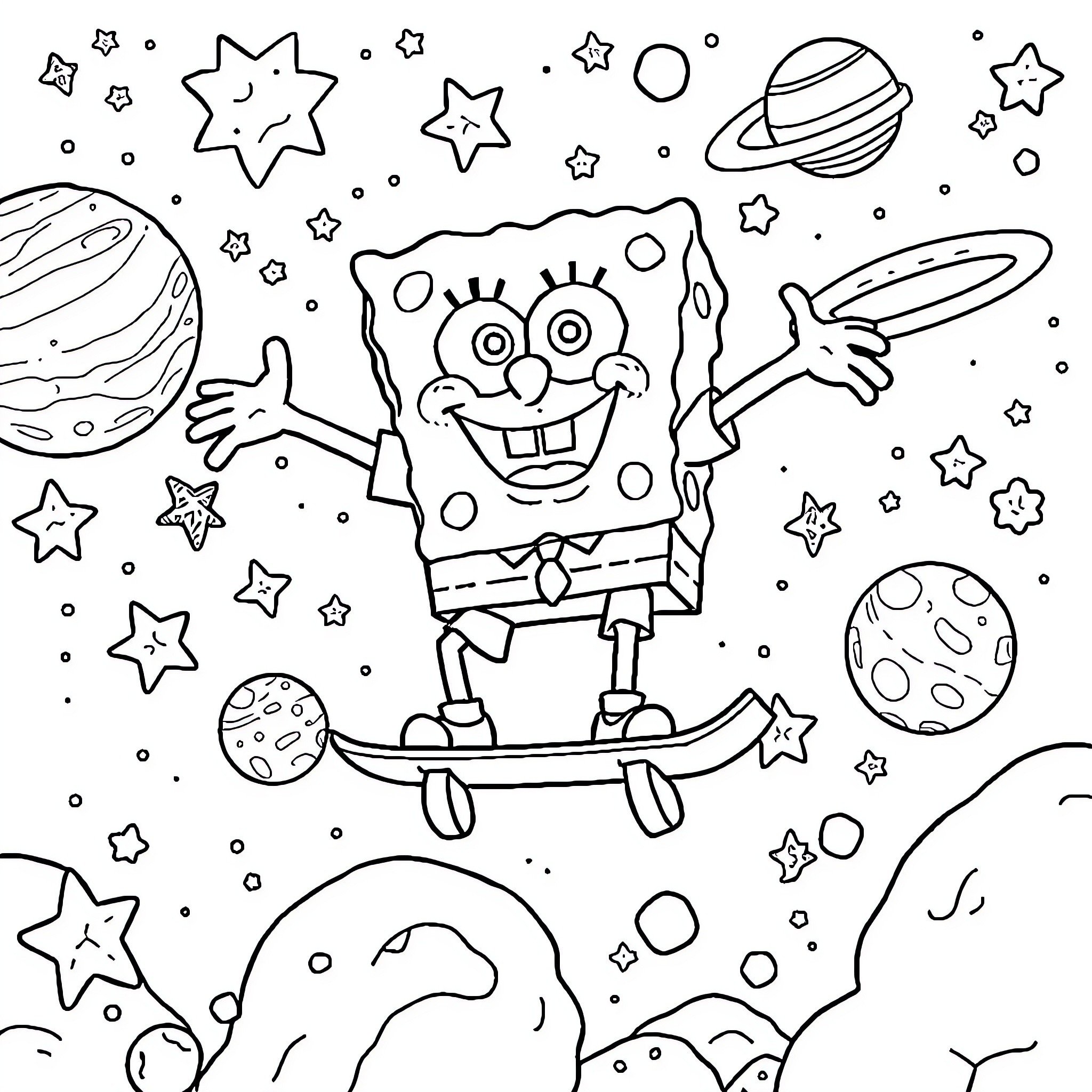 Spongebob skating through the cosmic cosmos Coloring Page (free black-and-white line drawing printable PDF for all, from beginners to advanced learners, including children, teens, adults, and seniors)