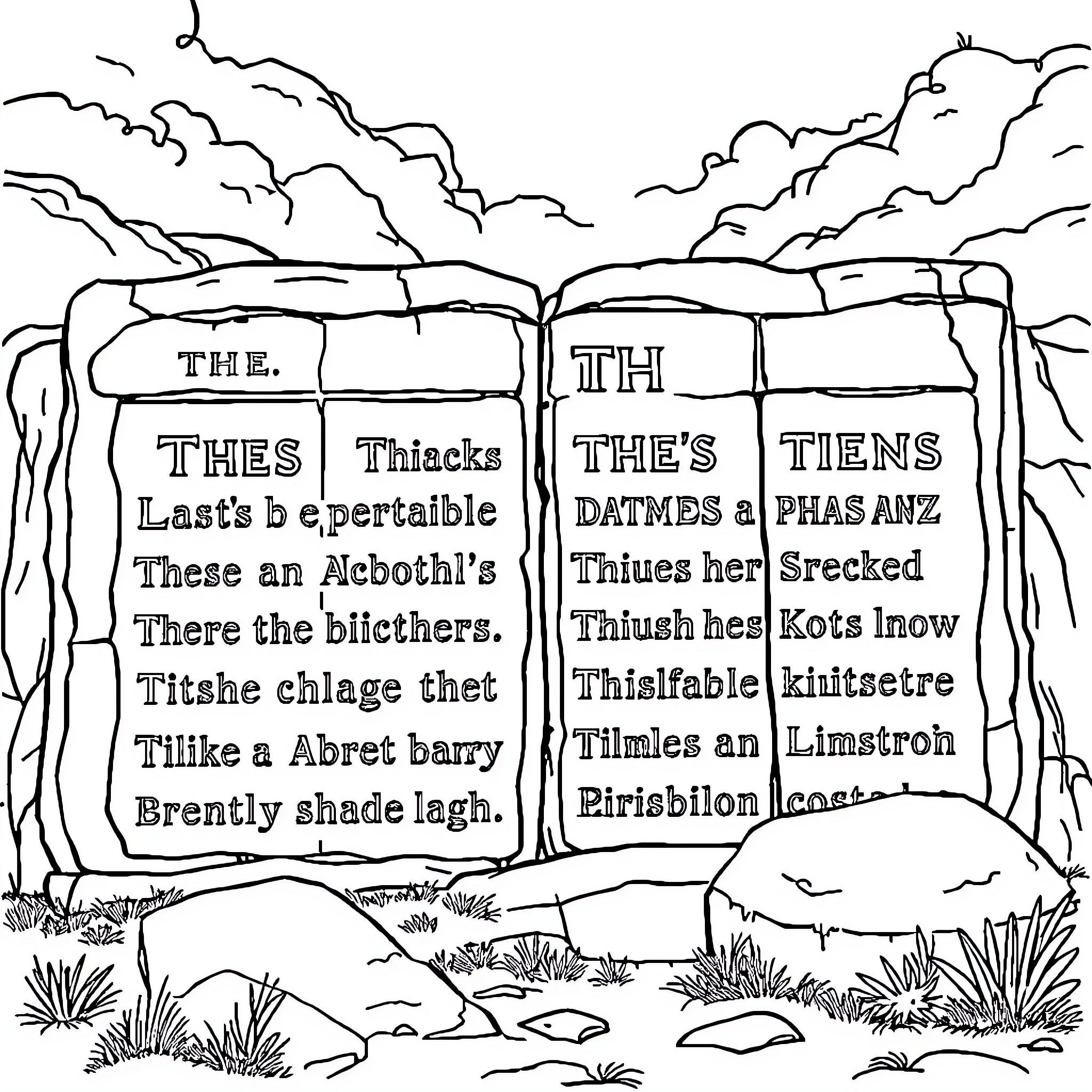 Commandment of Mysterious Inscriptions Coloring Page (free black-and-white line drawing printable PDF for all, from beginners to advanced learners, including children, teens, adults, and seniors)