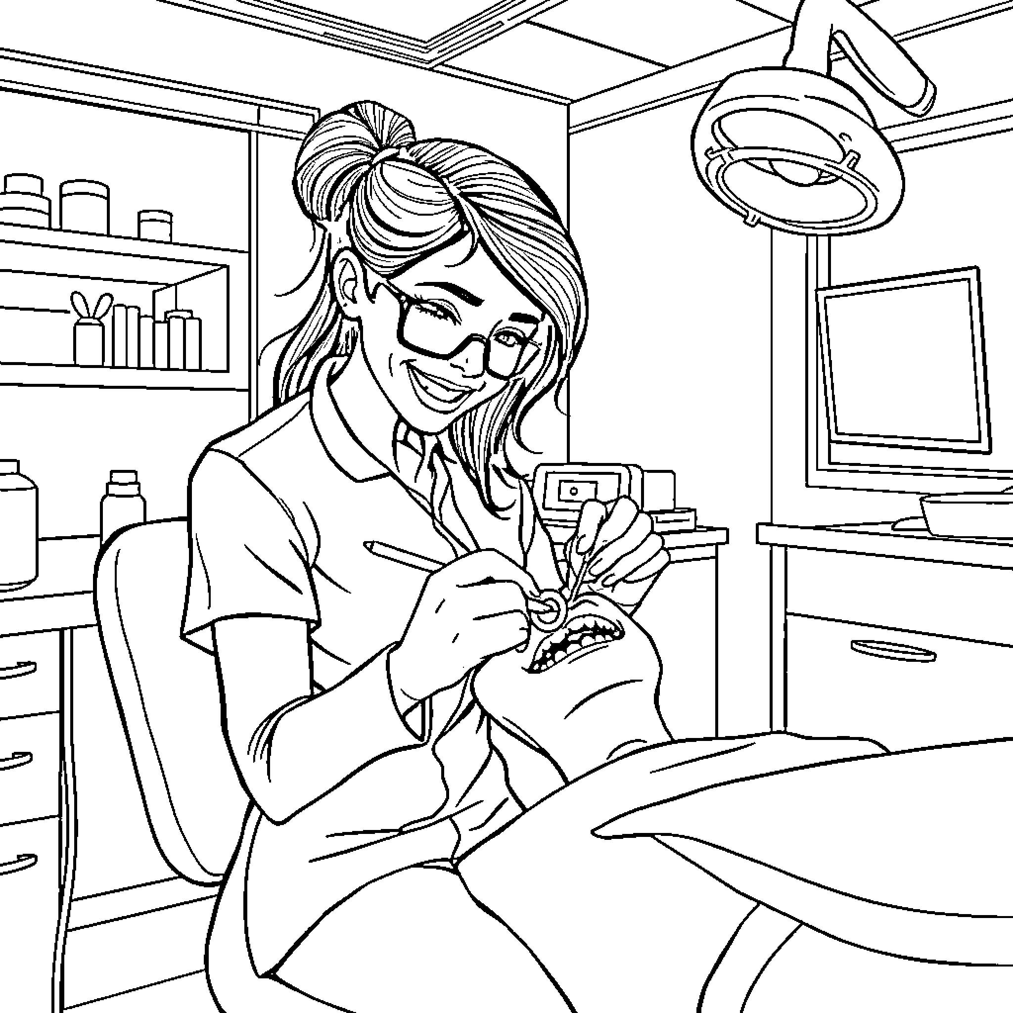 Woman Receiving Dental Treatment with Smile Coloring Page (free black-and-white line drawing printable PDF for all, from beginners to advanced learners, including children, teens, adults, and seniors)