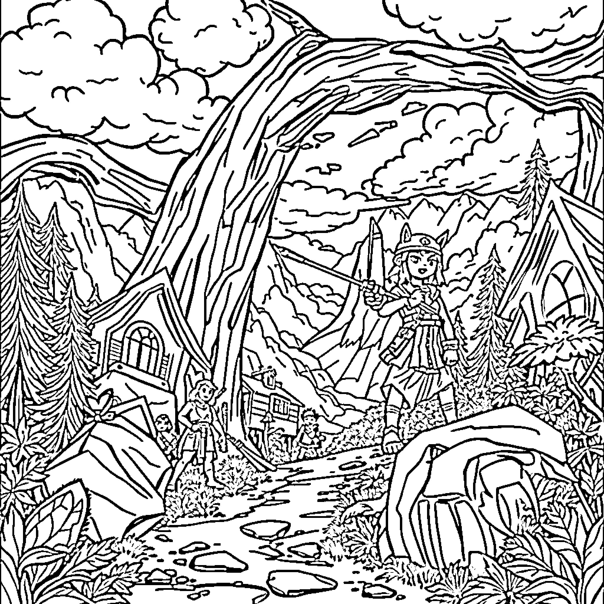 Huntrix's Adventurous Journey through the Enchanted Wilderness Coloring Page (free black-and-white line drawing printable PDF for all, from beginners to advanced learners, including children, teens, adults, and seniors)