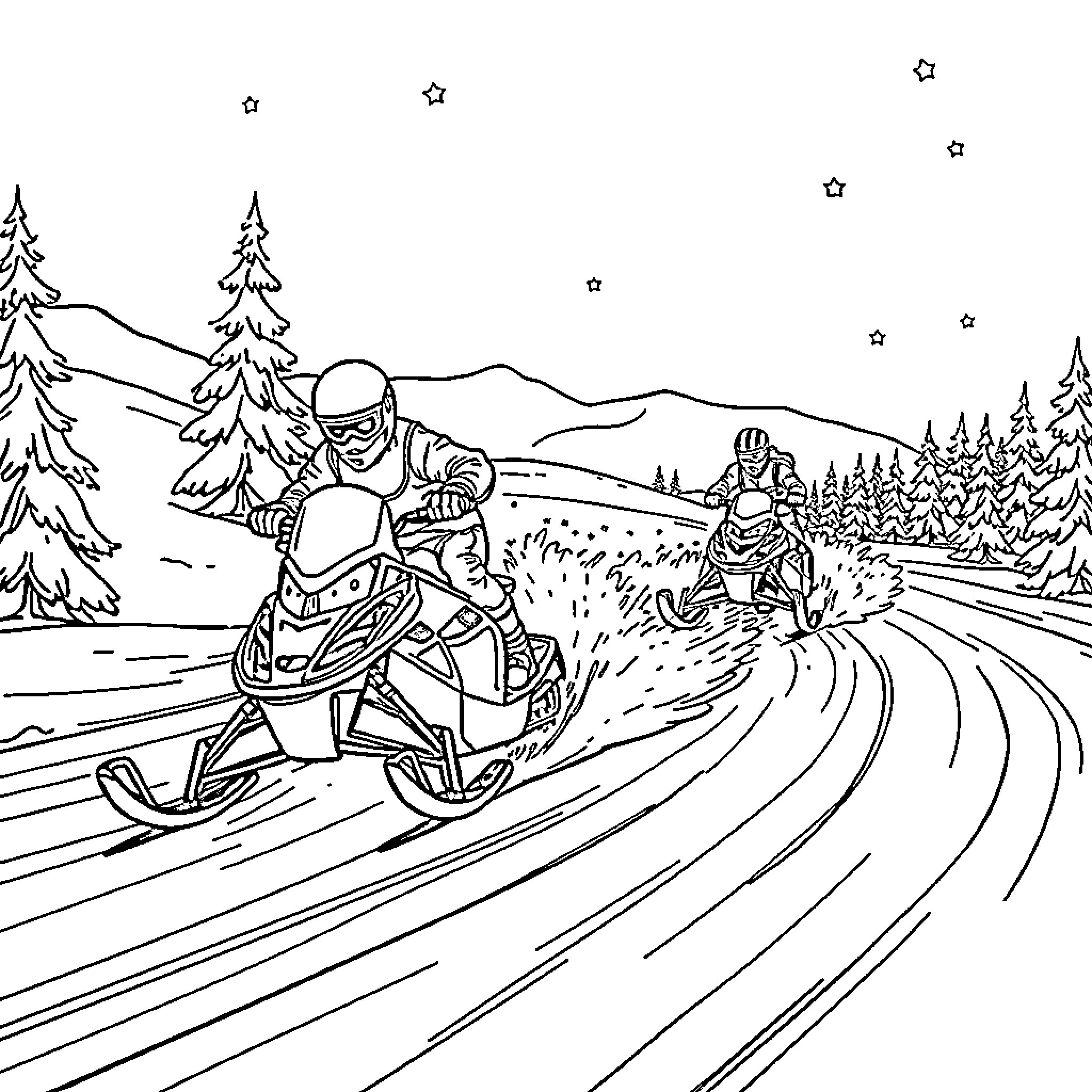 Snowmobile riders racing through winter landscape Coloring Page (free black-and-white line drawing printable PDF for all, from beginners to advanced learners, including children, teens, adults, and seniors)