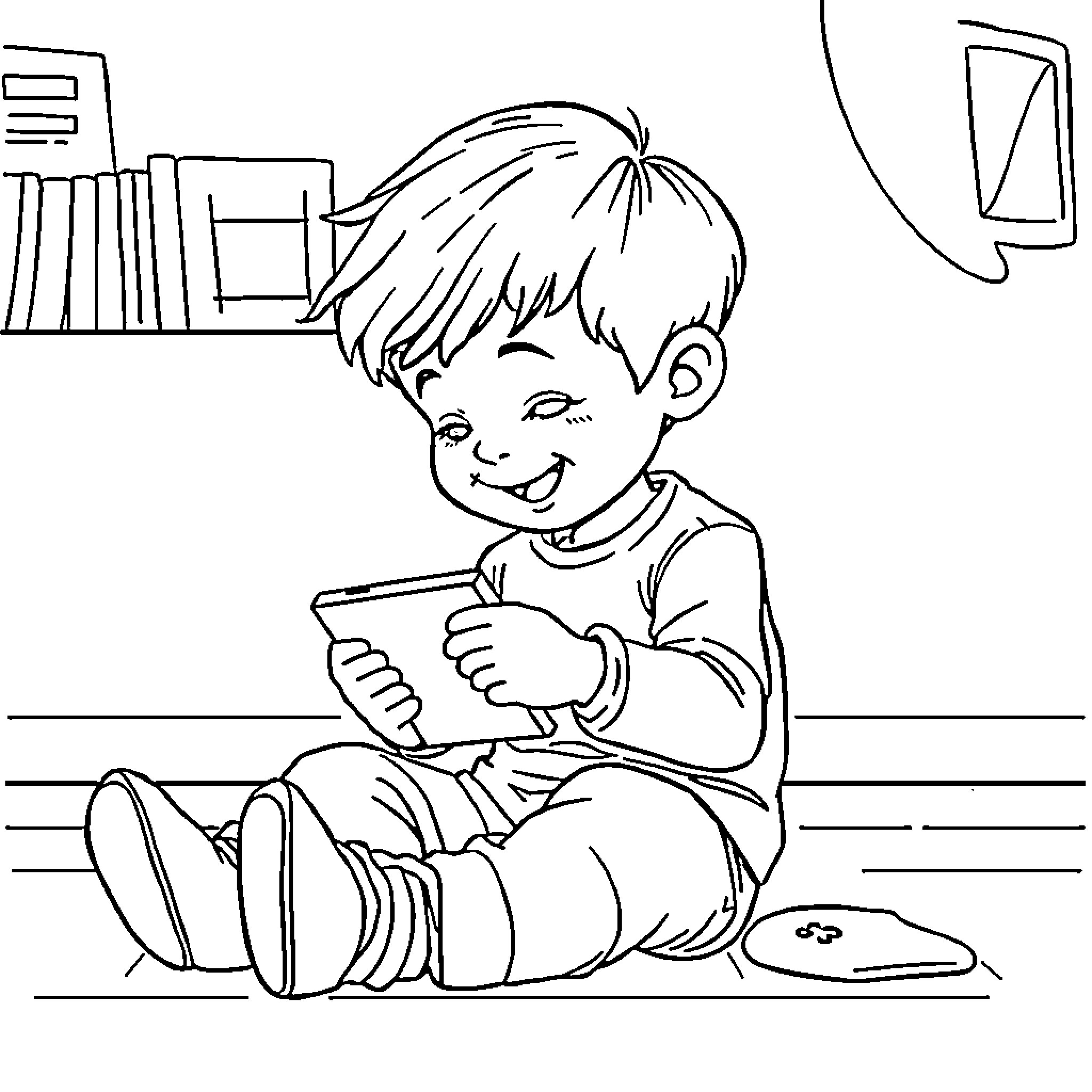 Kid playing with electronic device on the floor Coloring Page (free black-and-white line drawing printable PDF for all, from beginners to advanced learners, including children, teens, adults, and seniors)