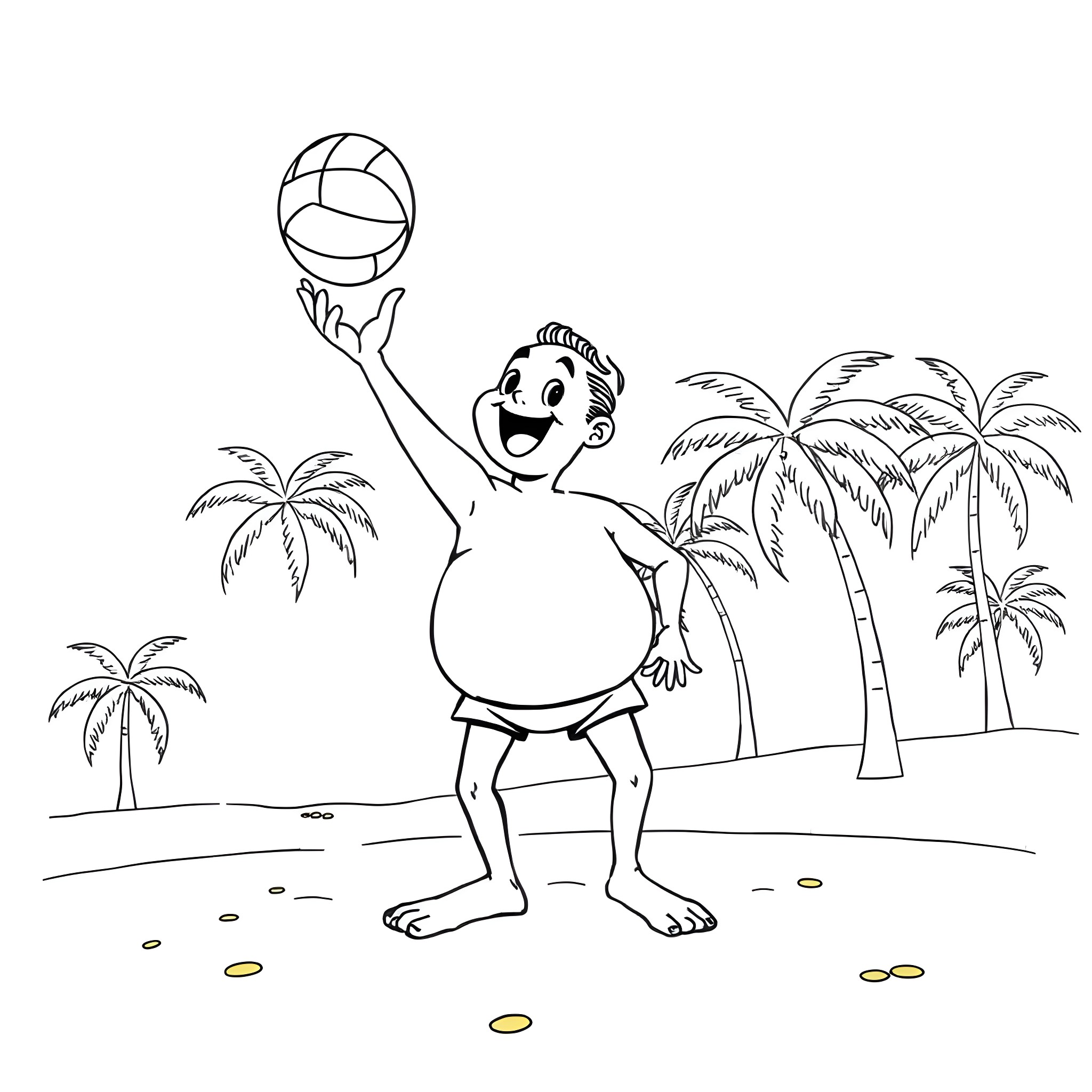 Person playing volleyball on the beach Coloring Page (free black-and-white line drawing printable PDF for all, from beginners to advanced learners, including children, teens, adults, and seniors)