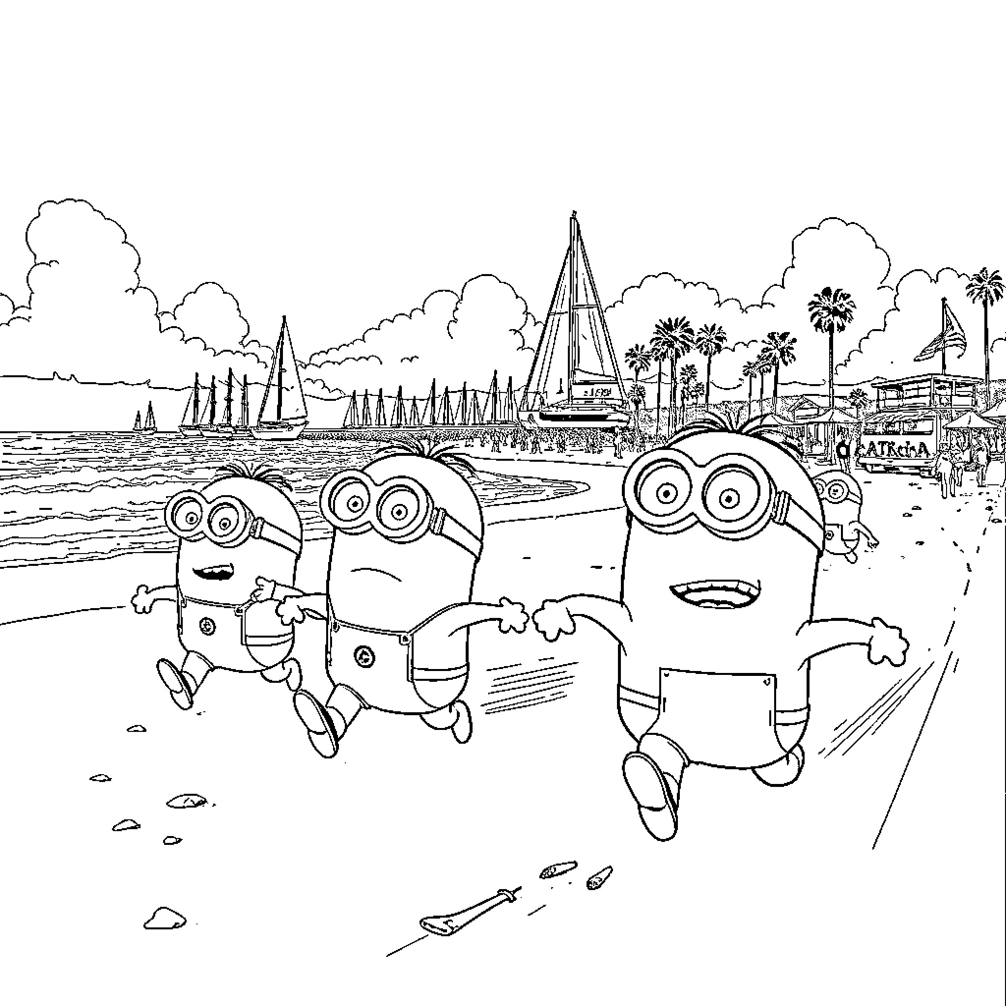 Minions enjoying a day at the beach Coloring Page (free black-and-white line drawing printable PDF for all, from beginners to advanced learners, including children, teens, adults, and seniors)