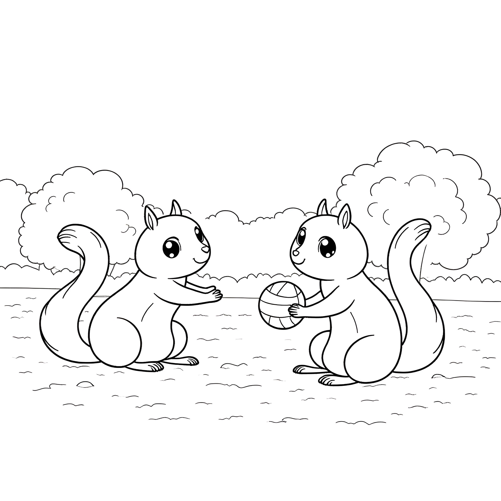 Squirrels playing with acorns in the park Coloring Page (free black-and-white line drawing printable PDF for all, from beginners to advanced learners, including children, teens, adults, and seniors)