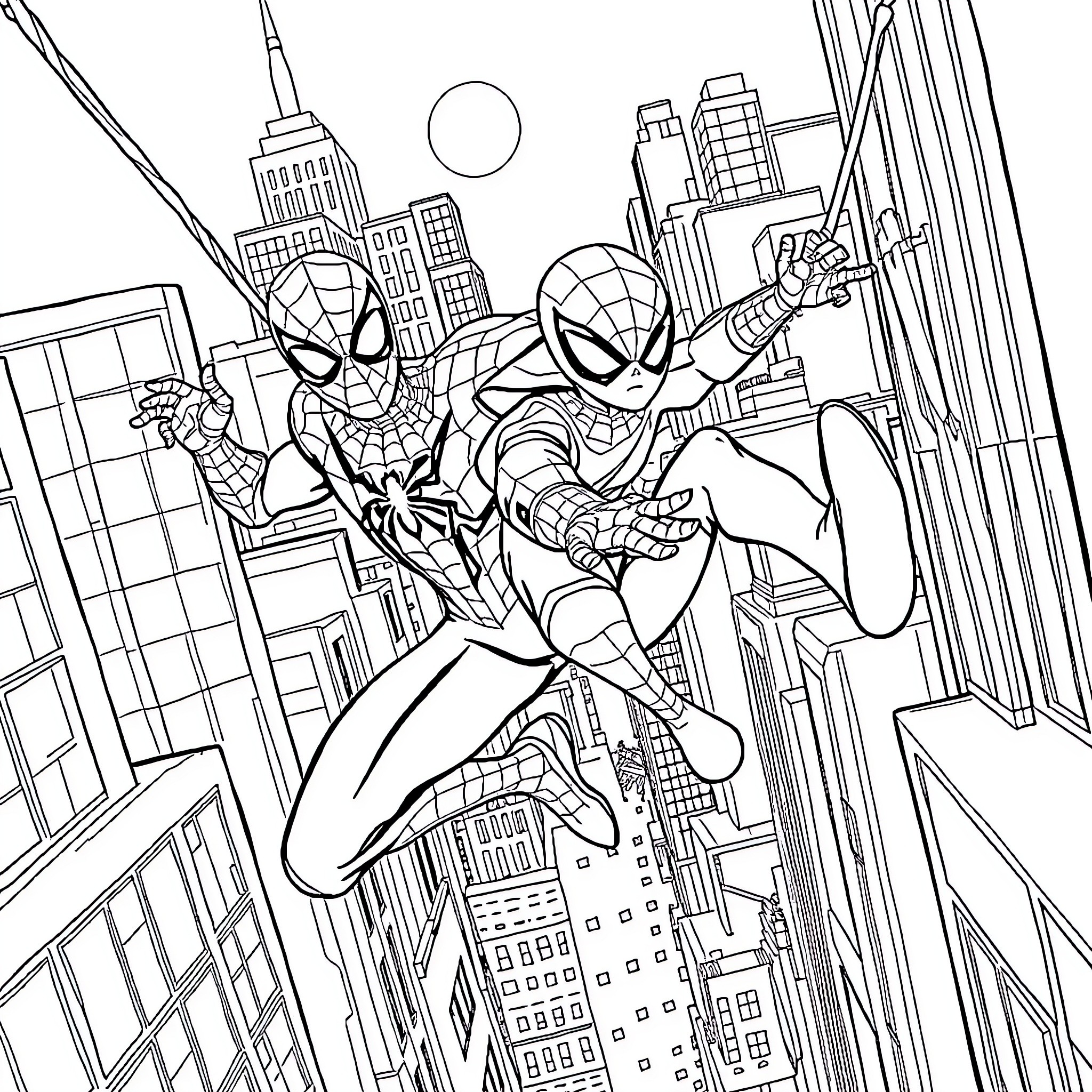 Spiderman Superheroes Swinging Through City Skyline Coloring Page (free black-and-white line drawing printable PDF for all, from beginners to advanced learners, including children, teens, adults, and seniors)