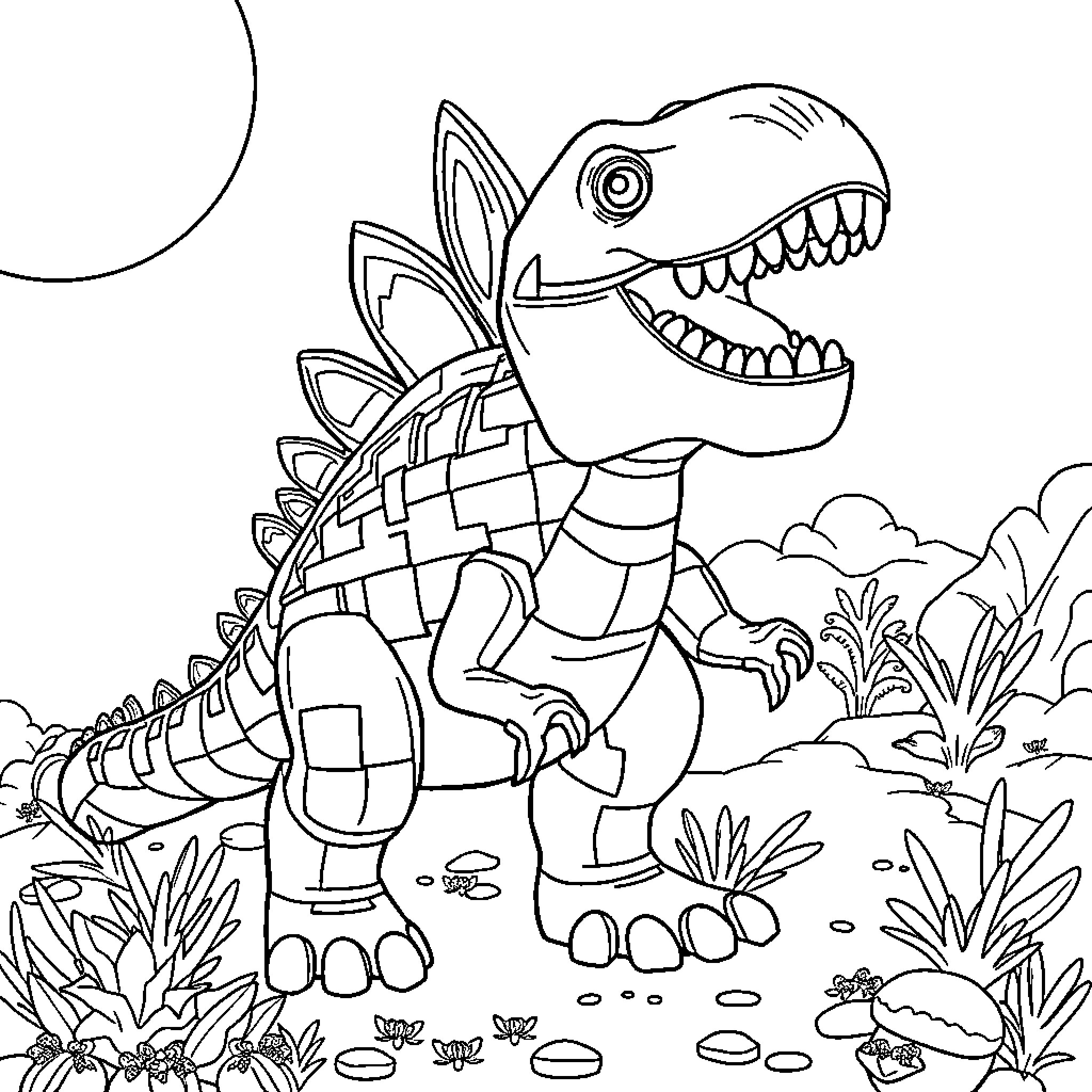 Mosasaurus exploring the prehistoric landscape Coloring Page (free black-and-white line drawing printable PDF for all, from beginners to advanced learners, including children, teens, adults, and seniors)