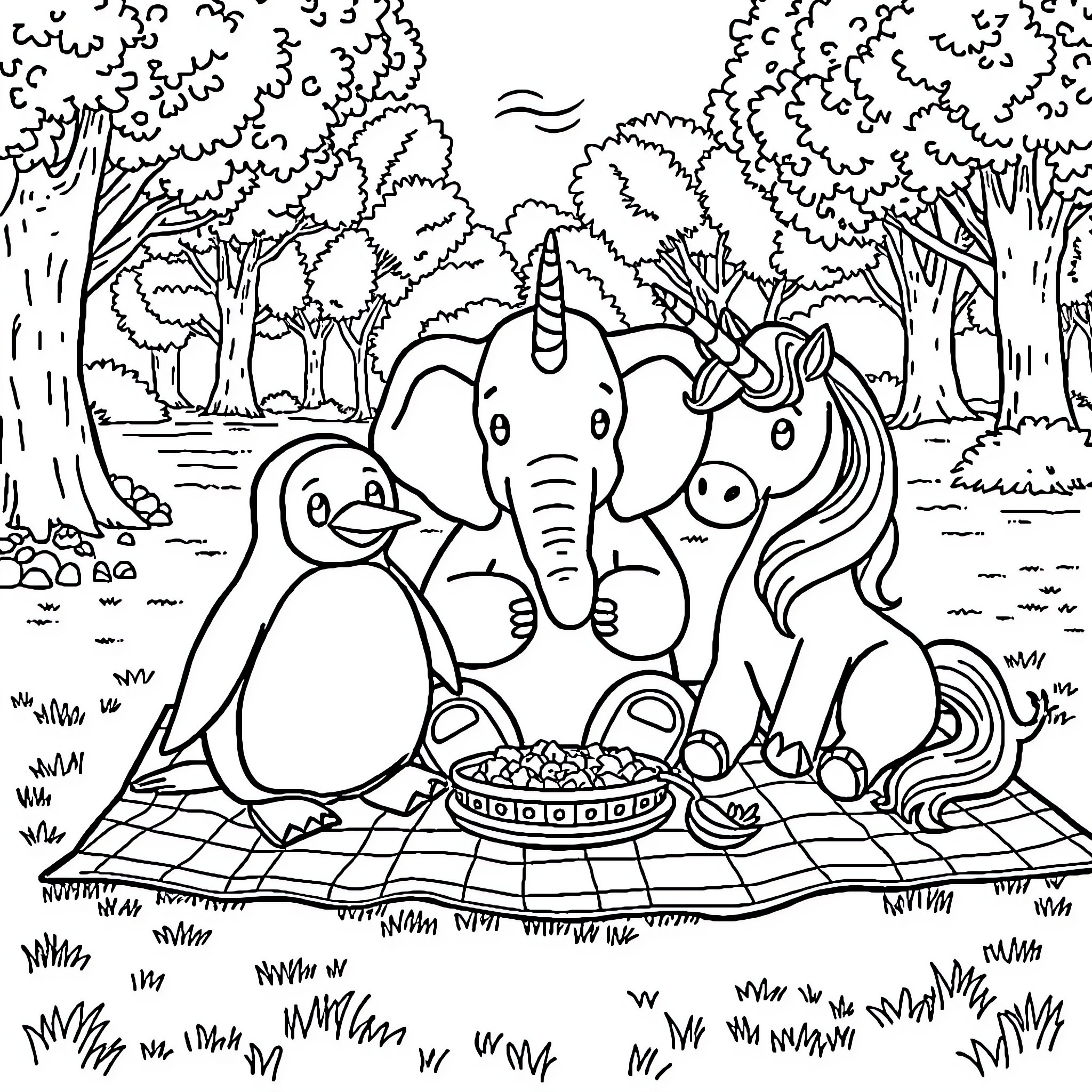 Penguin Enjoying Picnic with Elephant and Unicorn Coloring Page (free black-and-white line drawing printable PDF for all, from beginners to advanced learners, including children, teens, adults, and seniors)
