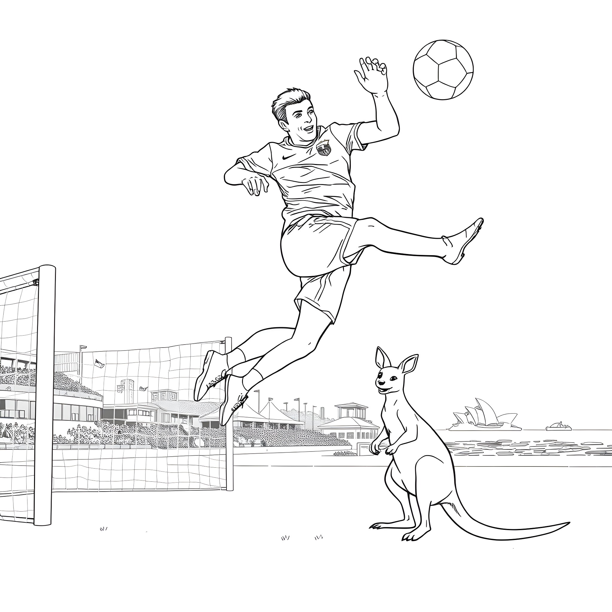 Tim Cahill kicking soccer ball with kangaroo in stadium Coloring Page (free black-and-white line drawing printable PDF for all, from beginners to advanced learners, including children, teens, adults, and seniors)