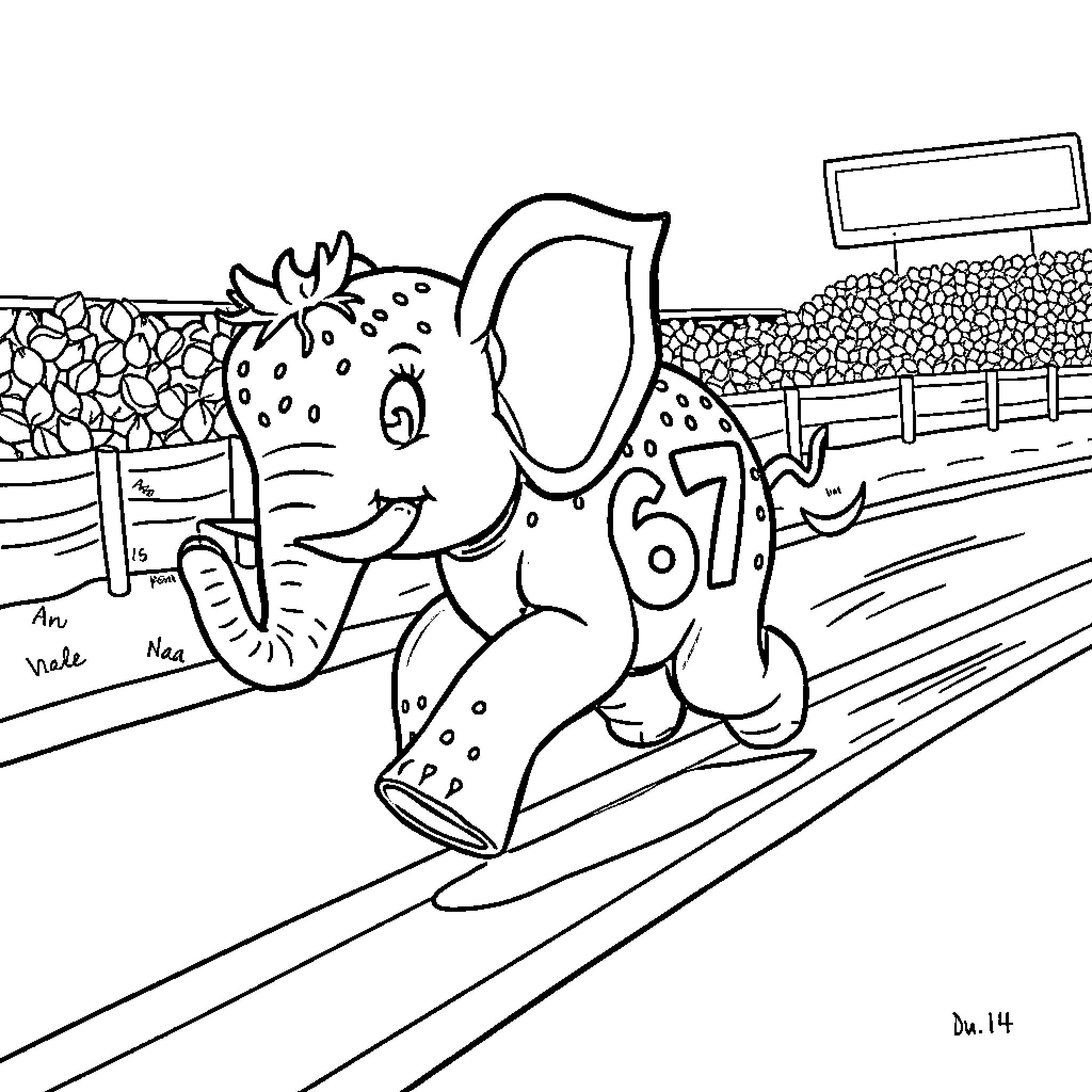 Elephant riding roller coaster at amusement park Coloring Page (free black-and-white line drawing printable PDF for all, from beginners to advanced learners, including children, teens, adults, and seniors)